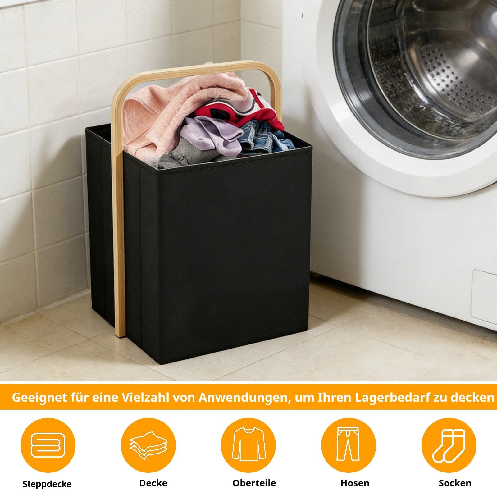 BlingBin Wäschekorb Einkaufskorb Faltbarer mit Henkel Wäschesammler aus Oxford und Bambus (1 Stück, 1 St., 40 × 30 × 35 cm,Fassungsvermögen: 42 Liter), für Schlafzimmer & Badezimmer, Wäschewanne Laundry Storage Baskets