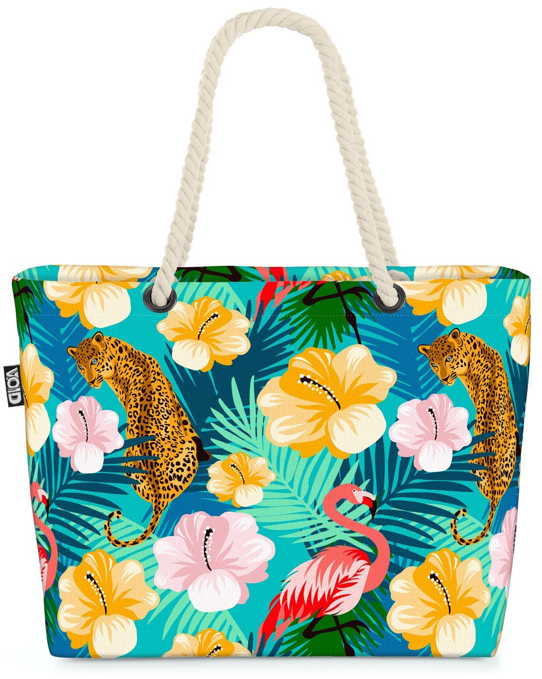 VOID Strandtasche (1-tlg), Flamingo Leopard Hibiskus Beach Bag Ur-Wald Leopard Tropen-Wald Dschu