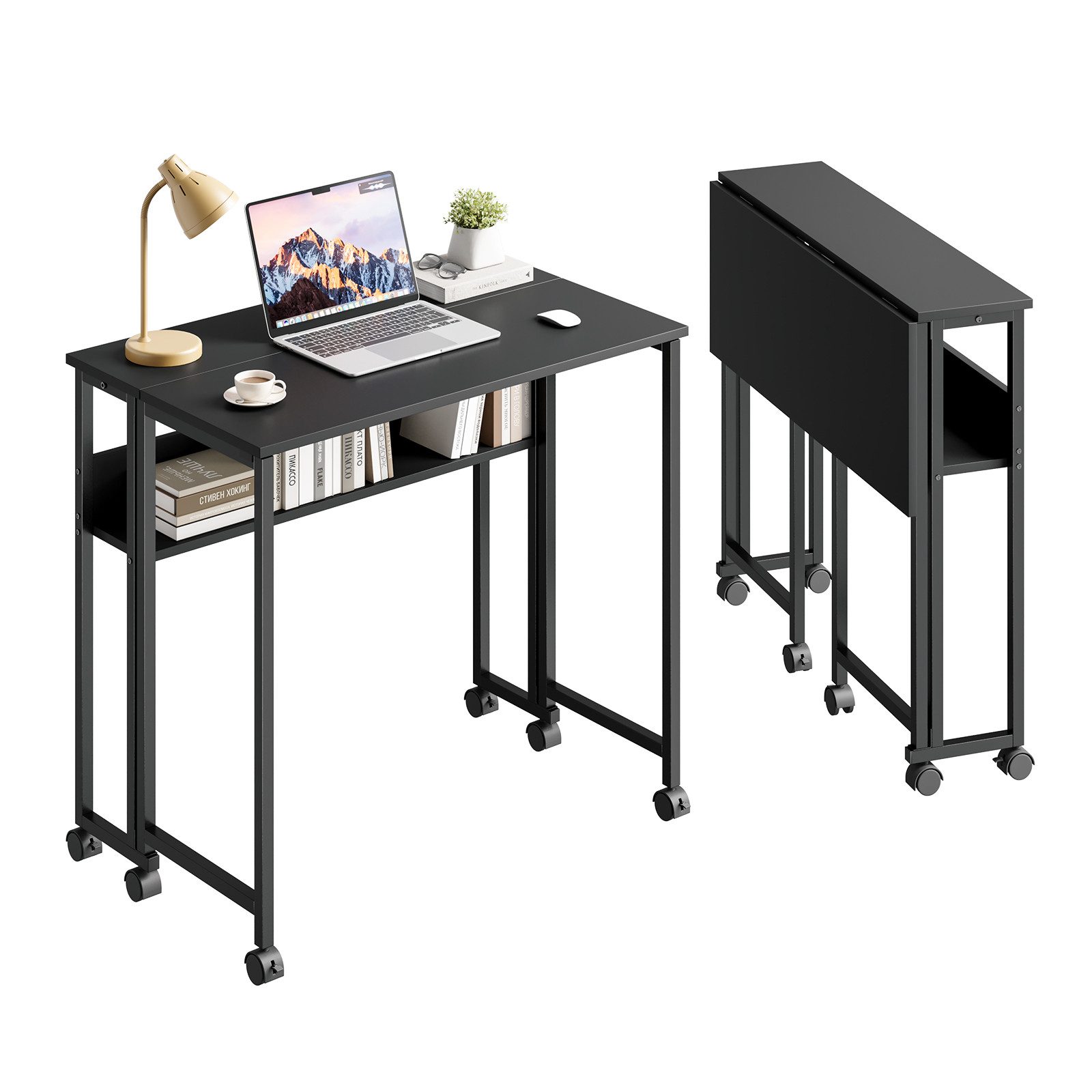 NAIMP Klapptisch Faltbar Schreibtisch Platzsparender Computertisch kleiner Tisch, mit Stauraum und Rollen