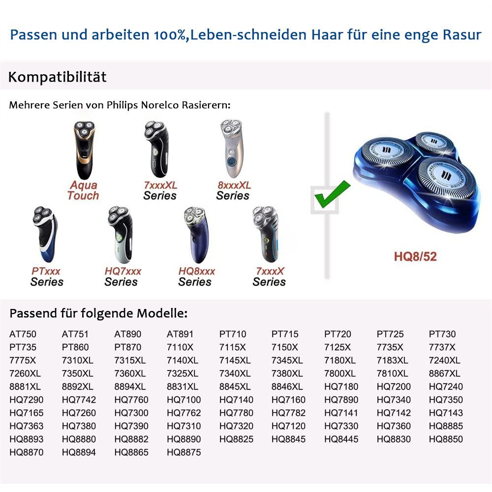 TUABUR 6er-Pack Ersatzköpfe, HQ8, Aquatec Philips Norelco Rasierer Ersatzscherköpfe