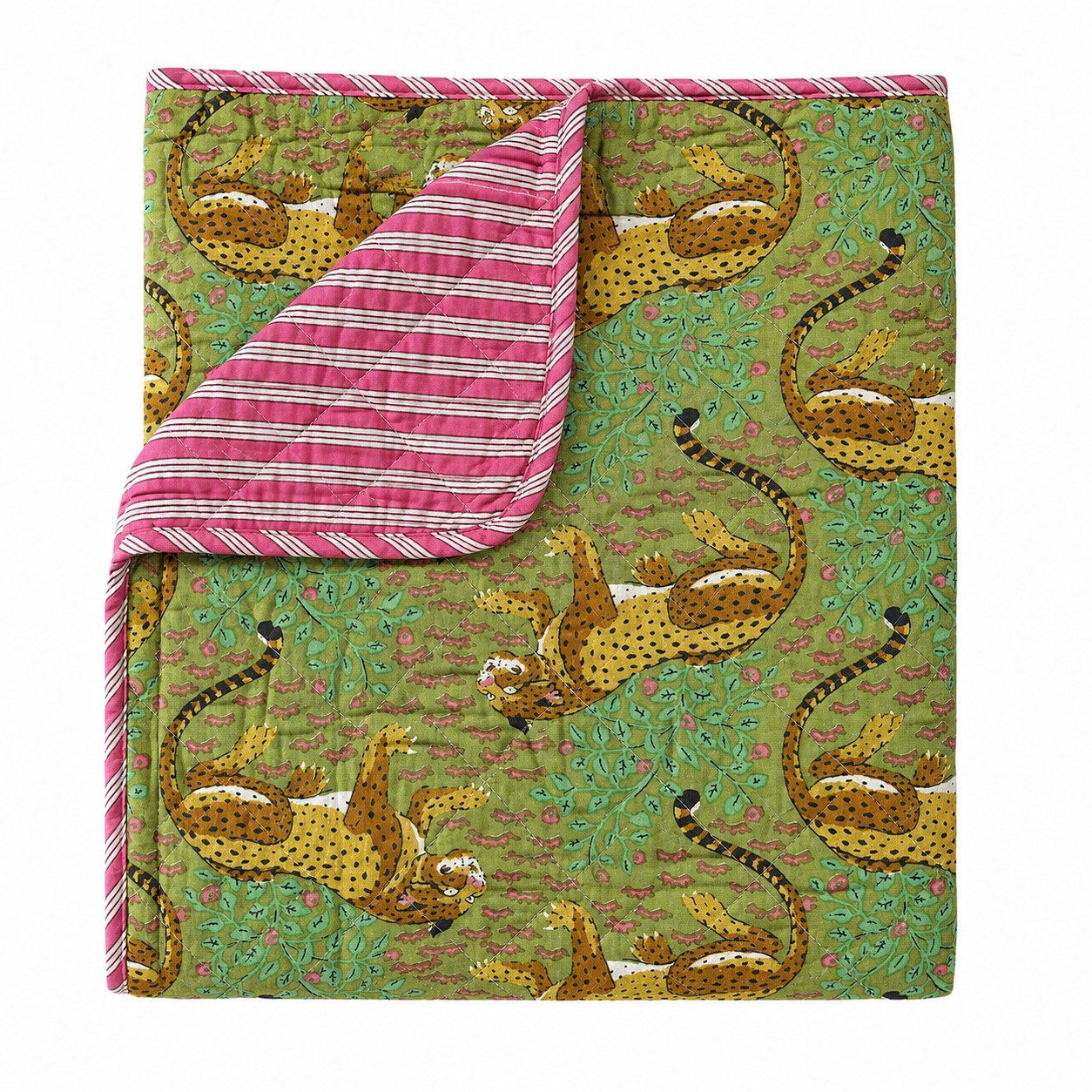 Wohndecke jungle green/pink, AU Maison, Quilt-Optik aus Baumwolle 140 × 180 cm