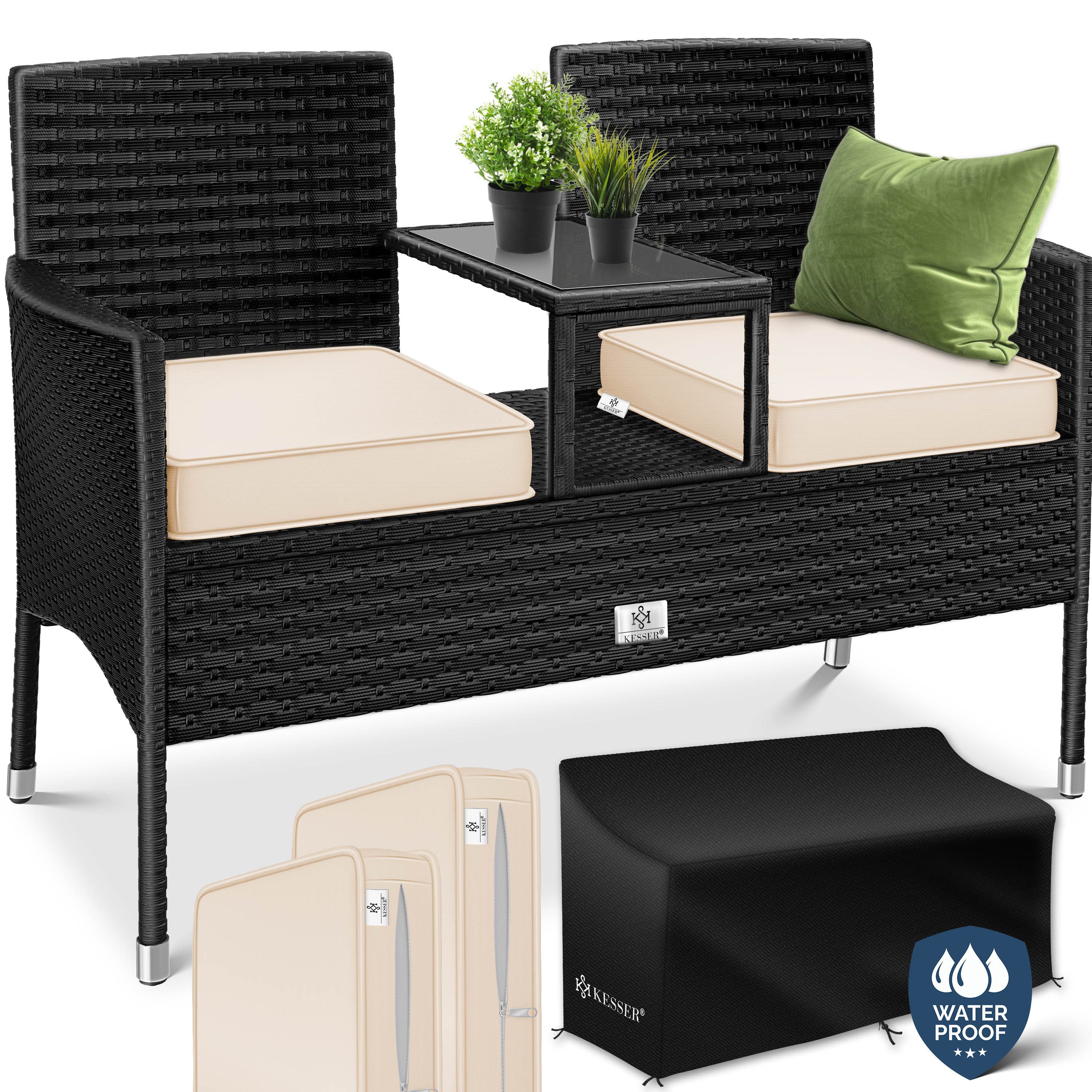 KESSER Gartenbank, Polyrattan Gartenbank 2-Sitzer Bank mit integriertem Tisch