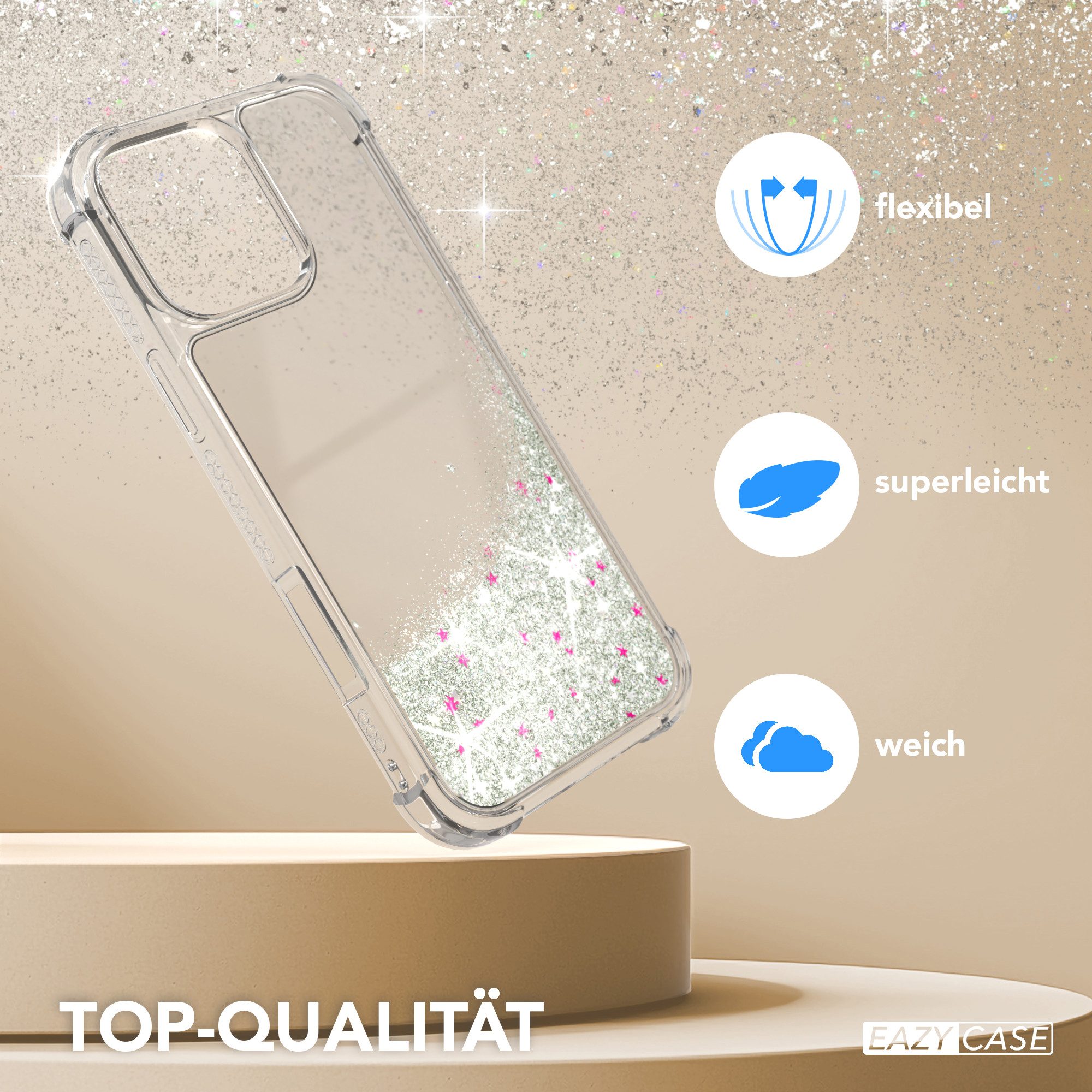 EAZY CASE Handyhülle Liquid Glittery Case für Apple iPhone 16 Pro Max 6,9 Zoll, Kratzfeste Silikonhülle stoßfestes Back Cover Phone Case Etui Silber