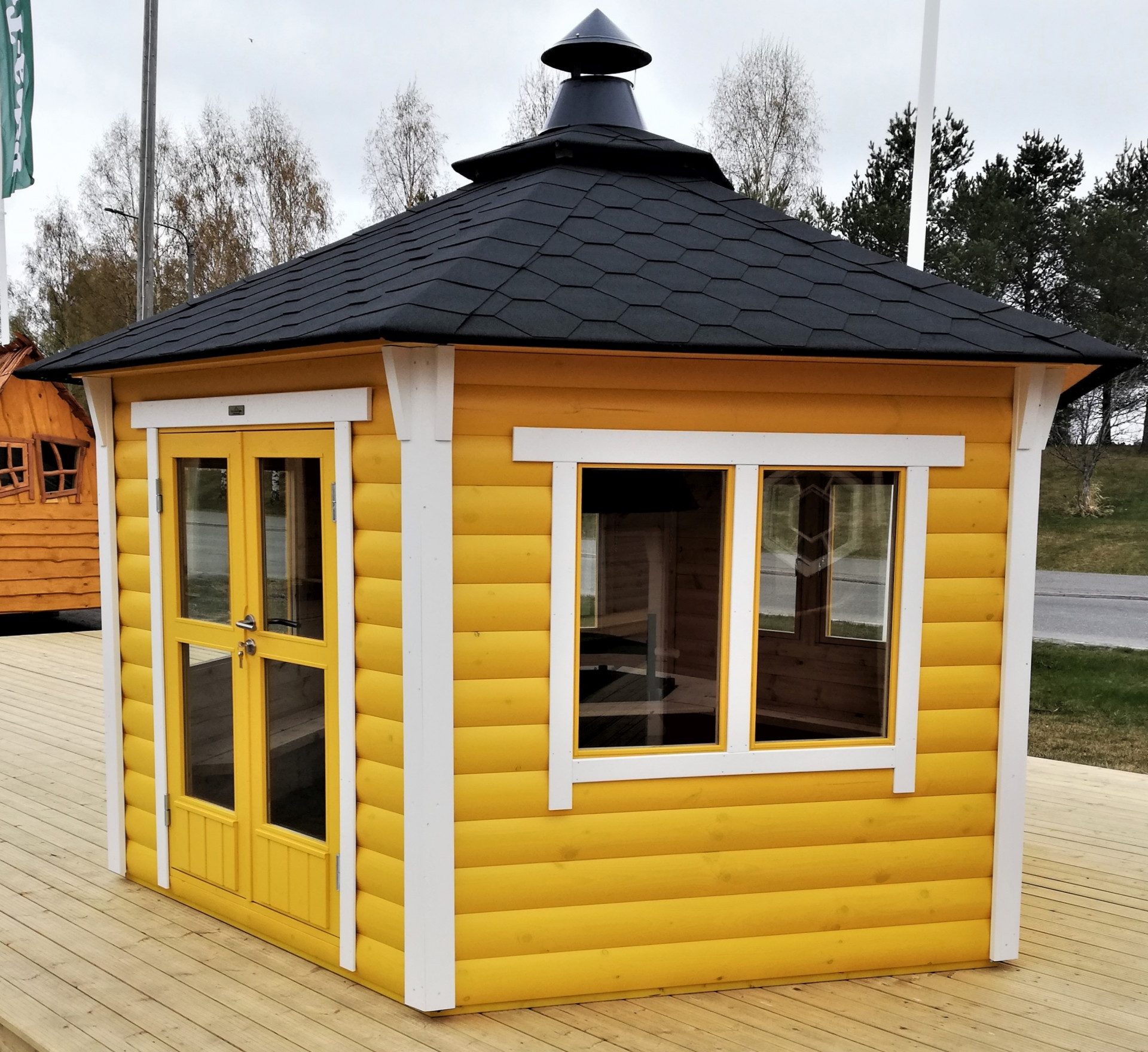 Finn Art Blockhaus Grillkota Grillpavillon 6-eckig Victoria 6,5 max. 10 Personen, BxT: 320x270 cm, Schindeln schwarz, mit Grillanlage