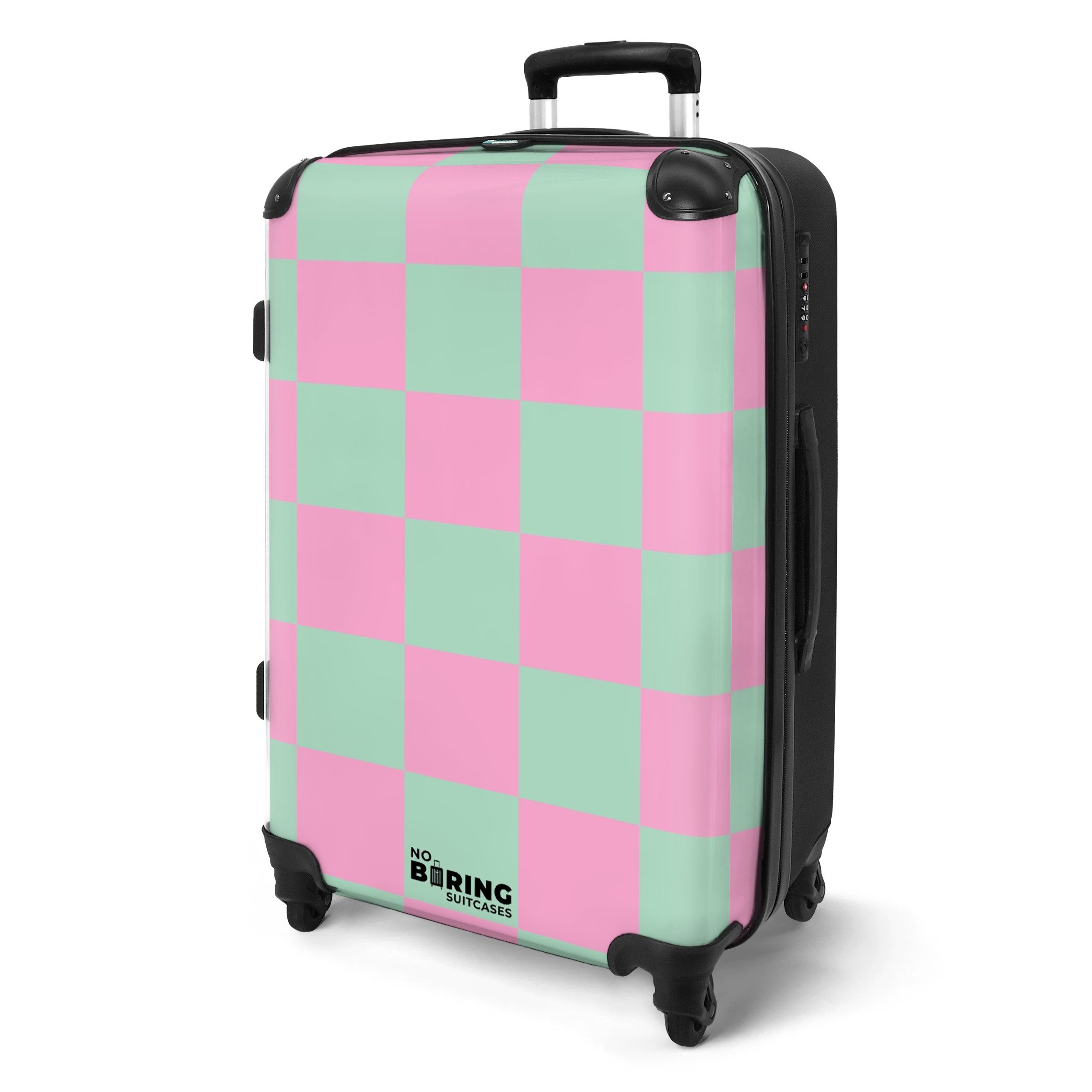 NoBoringSuitcases.com© Hartschalen-Trolley Rosa mit türkisem Schachbrettmus günstig online kaufen