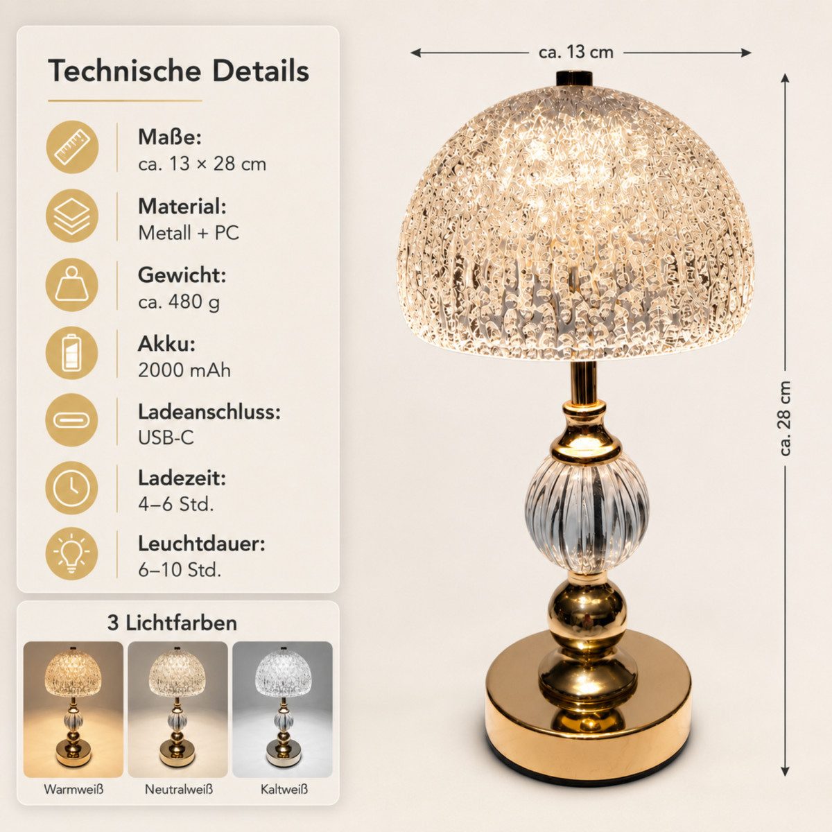Luckice LED Nachttischlampe Moderne LED Tischlampe–Nachtlicht Nachttischlampe kabellos, 2000-mAh-Batterie, dreifarbige Lichtänderung, stufenlose Dimmung, stilvo – Bild 5 von 5