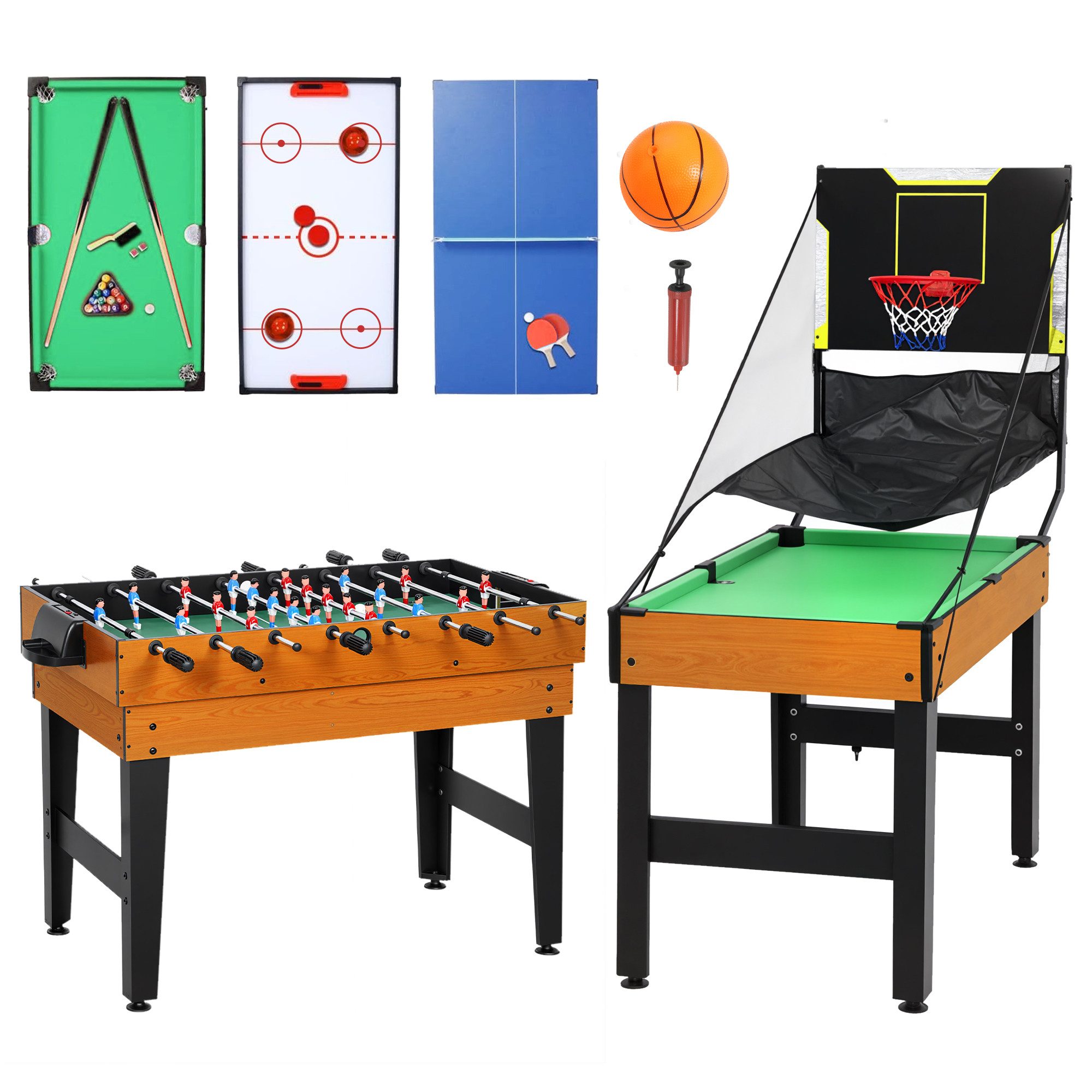 SPORTNOW Spieltisch Tischtennis Billardtisch für Spielzimmer Bars Partys für Erwachsene, (Multifunktionstisch, 5-tlg), mit Zubehör, Naturholz+Schwarz