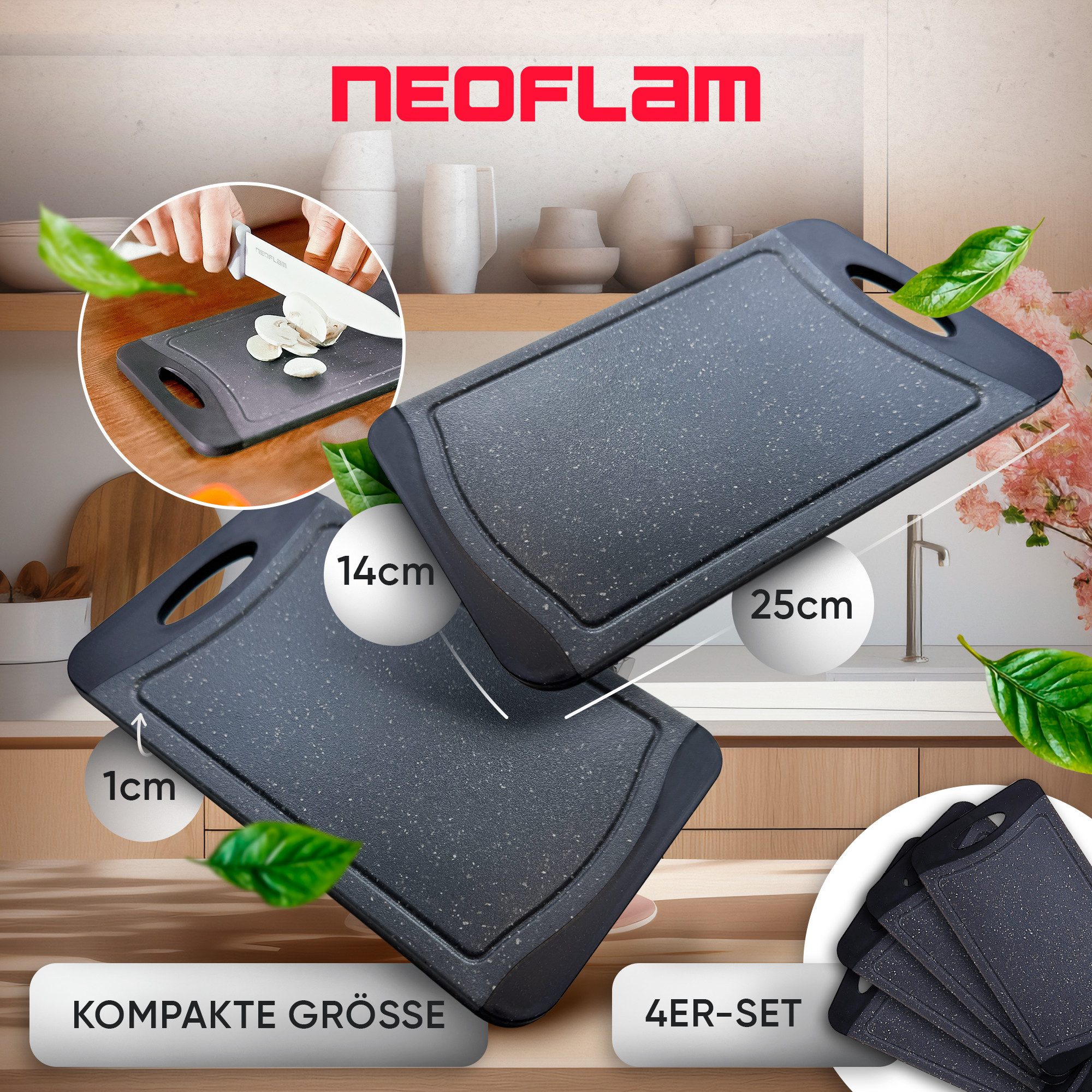 NEOFLAM® Schneidebrett Flutto Antibakterielles Frühstücksbrettchen Set 4tlg. - Granit/Schwarz, Kunststoff (PP), (4-St) – Bild 2 von 5