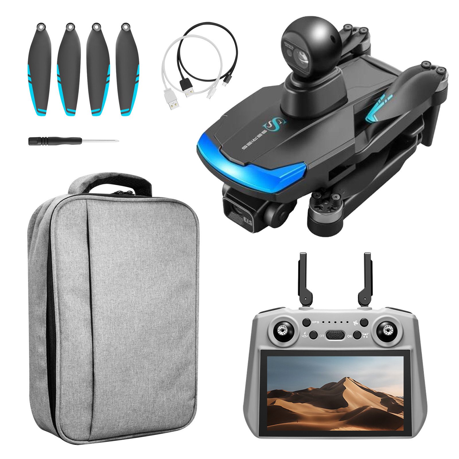 Goldstern-Tech RC-Quadrocopter S185 (GPS-Drohne mit modernster Technik, Live-Display-Controller, 4K-Fotos, 2.7K-Videos, 3-Achsen-Gimbal), 5 km Reichweite, 56 Min. Flugzeit & 360°-Laser-Hinderniserkennung