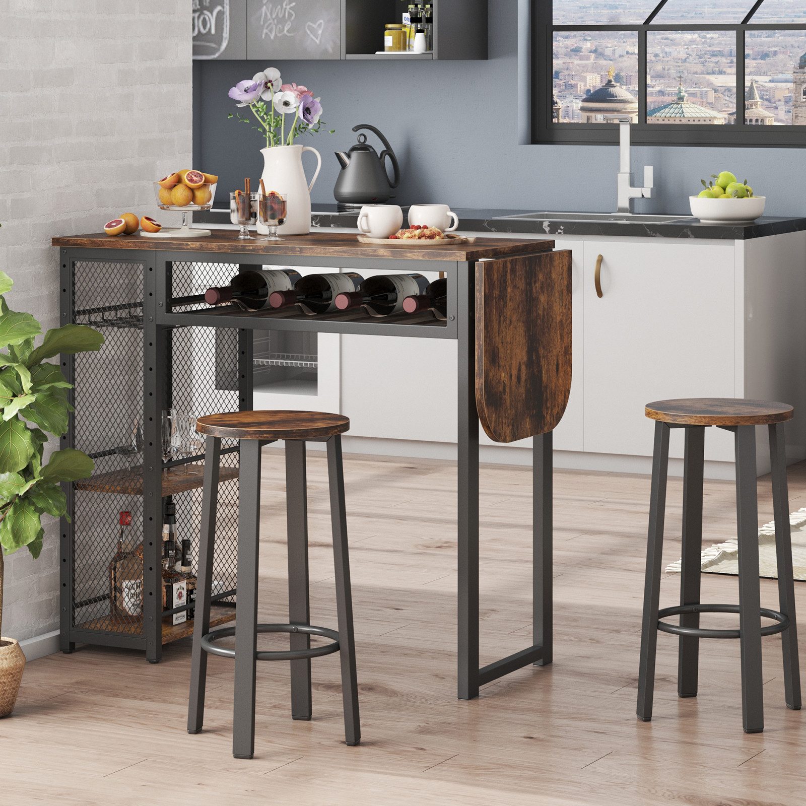 Bestier Bartisch Ausziehbarer Küchentisch mit 2 Hockern (Set, 1 Tisch und 2er-Set Hocker), Weinregal & 3 Ablagen für Küche, Esszimmer – Bild 5 von 5