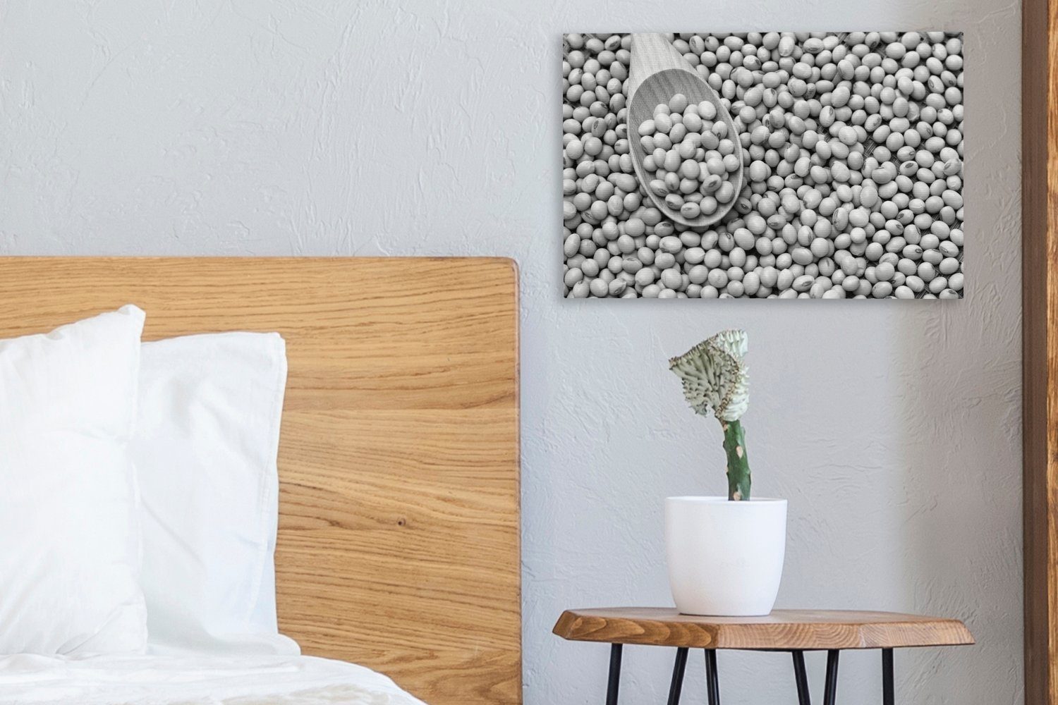 OneMillionCanvasses® Leinwandbild Bild von Wandbild Wanddeko, mit Holzlöffel Sojabohnen einem gefüllt und cm -, Leinwandbilder, St), Aufhängefertig, 30x20 (1 Sojabohnen