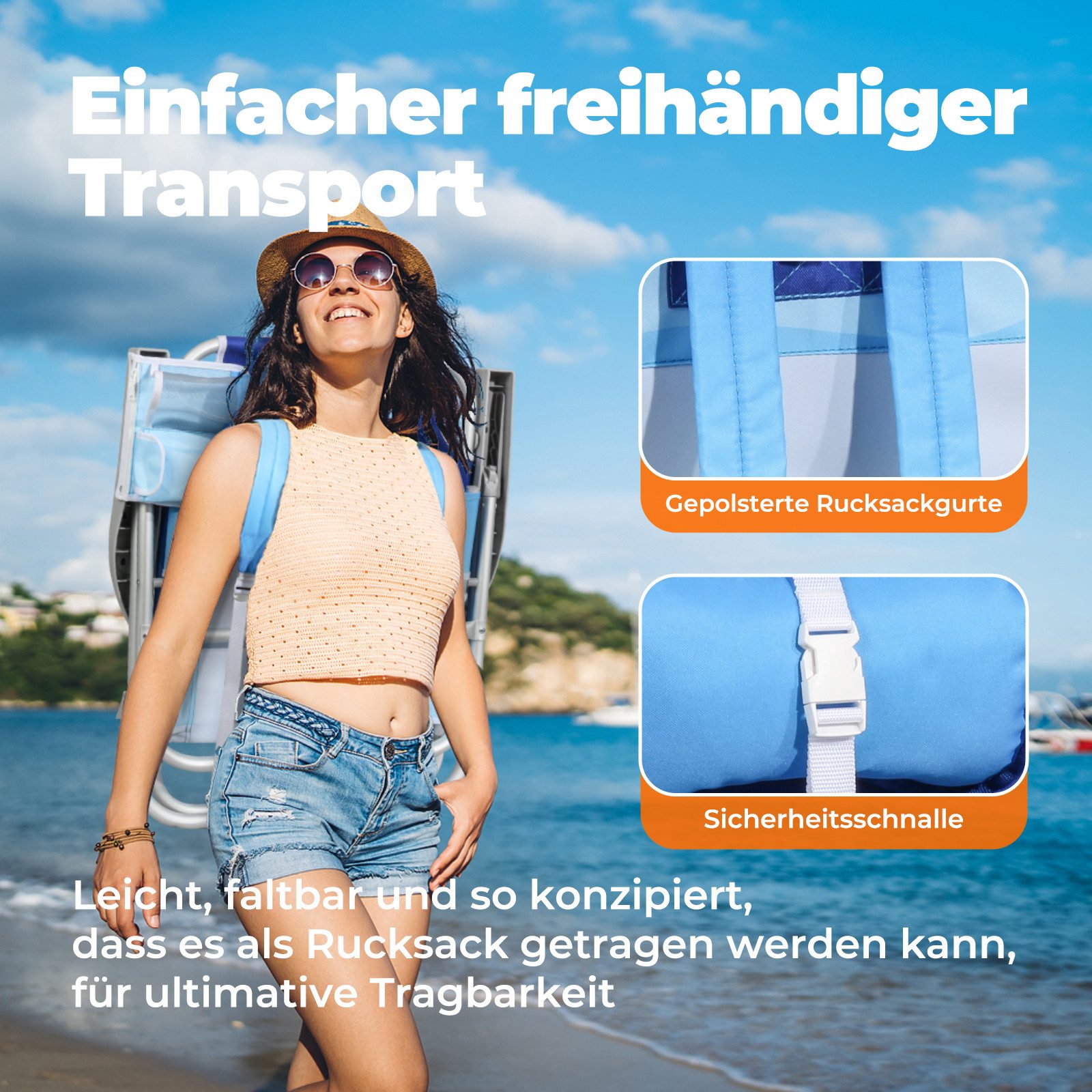 HOMECALL Klappstuhl Strandstuhl Leicht Klappbar Camping, 5-fach verstellbare Rückenlehne (Bis150KG Aluminiumrahmen, groBe Kuhitasche und Aufbewahrungstasche, 2  – Bild 4 von 5