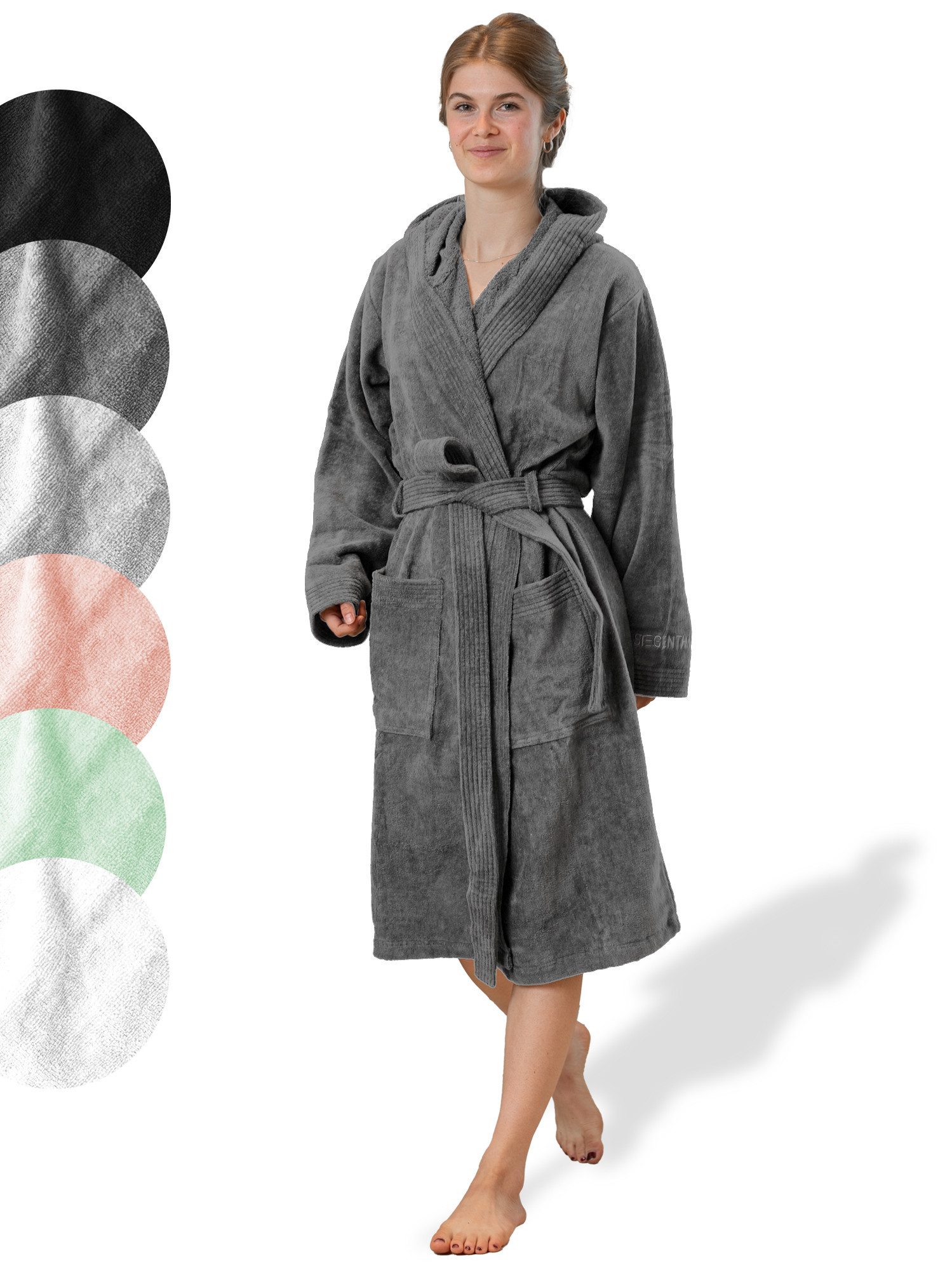 SIEGENTHAL Damenbademantel SIEGENTHAL® Damen Bademantel Frottee Velour Kapuze Flauschig Knielang, Kapuze, Gürtel, saugfähigem Frottee,Pflegeleicht und langlebig,praktische Taschen