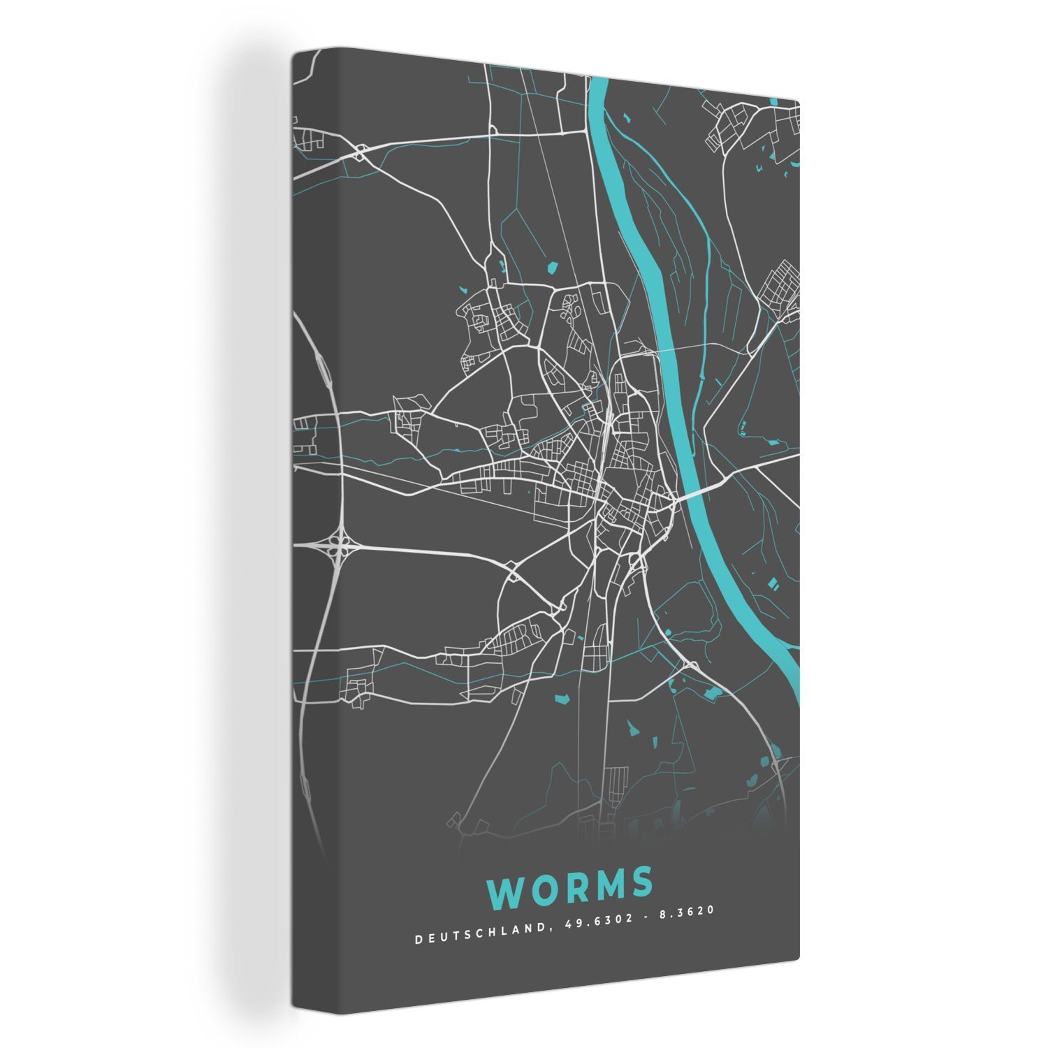 OneMillionCanvasses® Leinwandbild Stadtplan - Worms - Deutschland - Karte, (1 St), Leinwandbild fertig bespannt inkl. Zackenaufhänger, Gemälde, 20x30 cm
