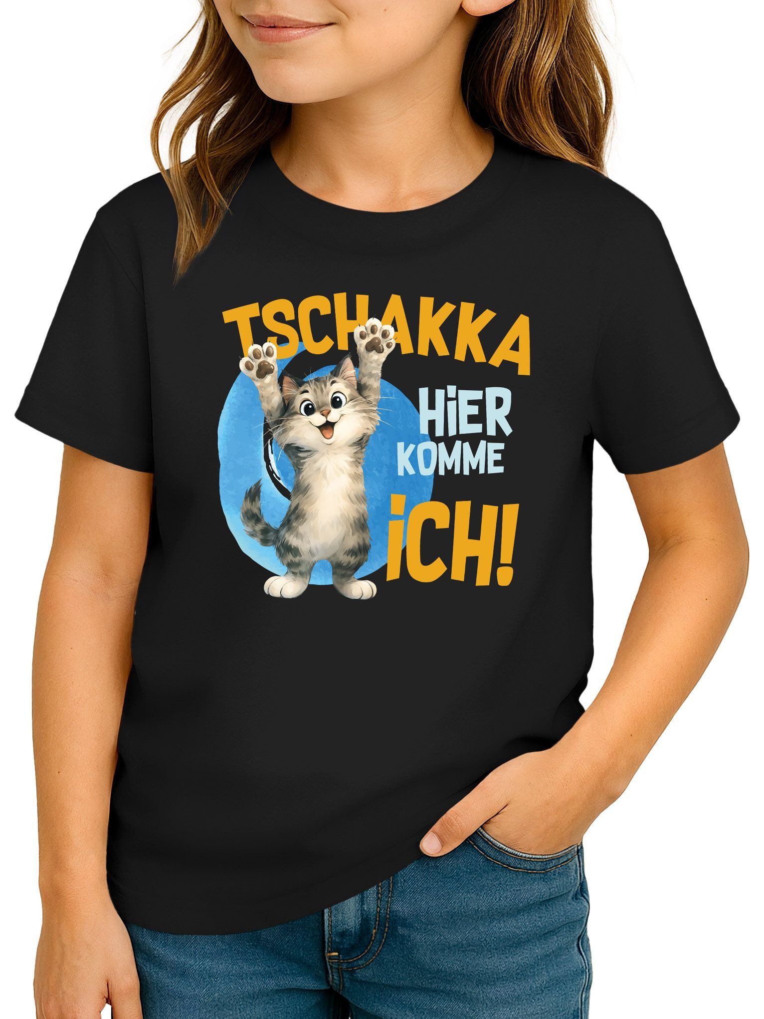 Print-Shirt Kinder T-Shirt Mädchen Aufdruck Katze Spruch lustig Tschakka hier