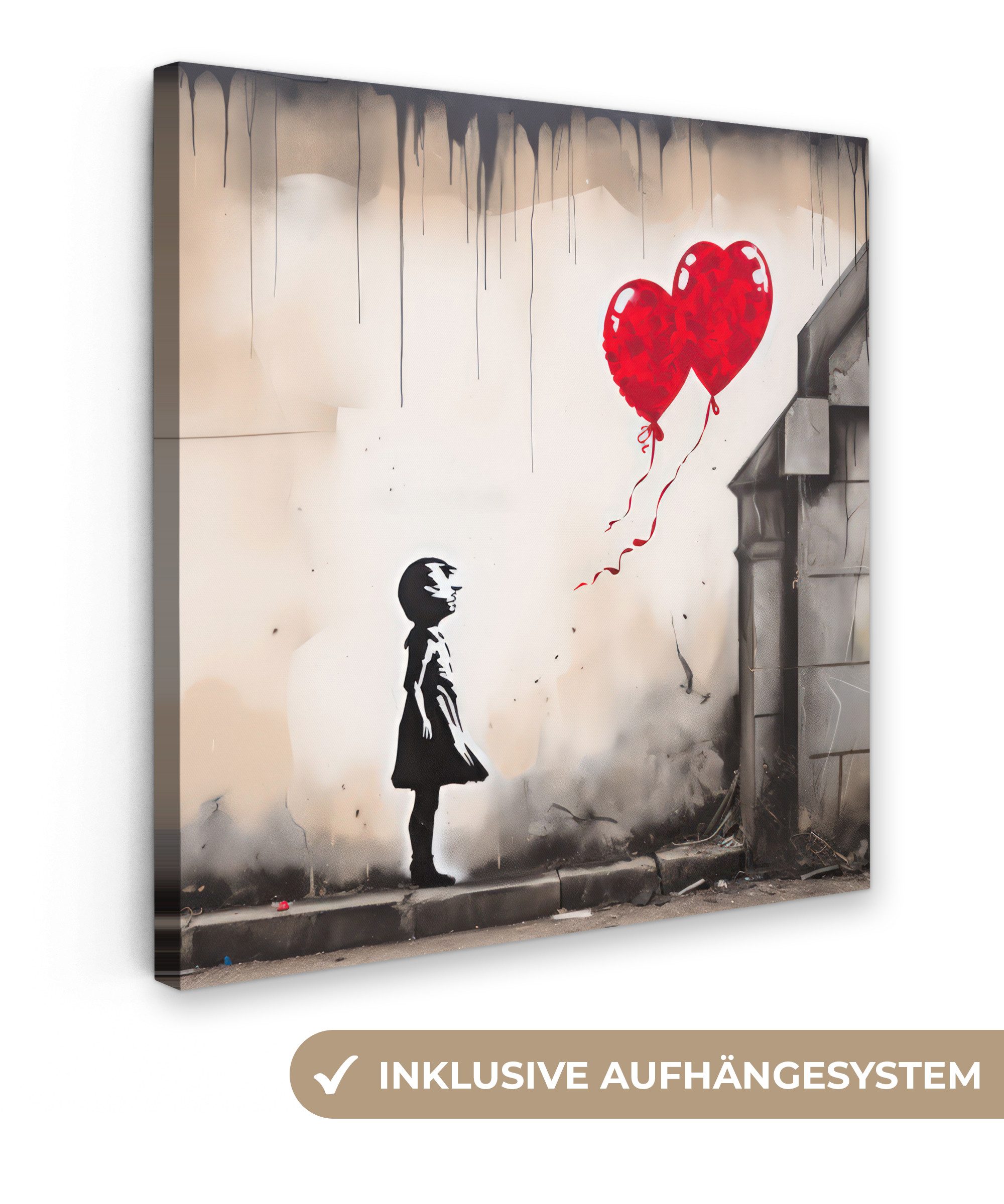 OneMillionCanvasses® Leinwandbild Kunst - Mädchen - Luftballons - Herz - Grau, Fotodruck (1 St), Wandbild, Deko Schlafzimmer Wohnzimmer Flur 20x20 cm