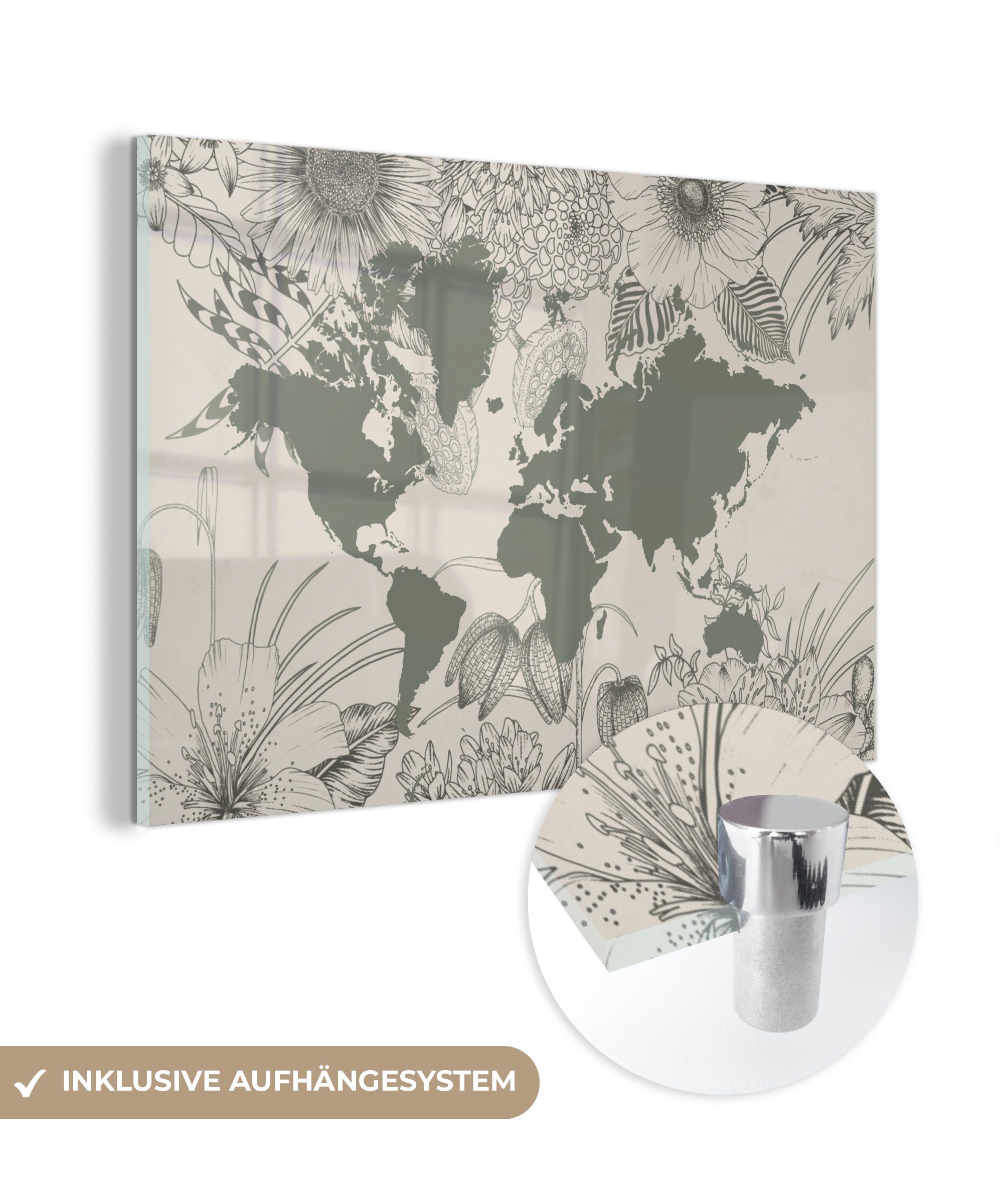 MuchoWow Acrylglasbild Weltkarte - Grau - Blumen, (1 St), Glasbilder - Bilder auf Glas Wandbild - Foto auf Glas - Wanddekoration