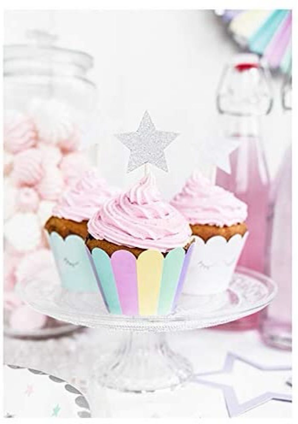 Topper 6 Silber partydeco - Glitzer Cupcake Unicorn Sterne, Pompon