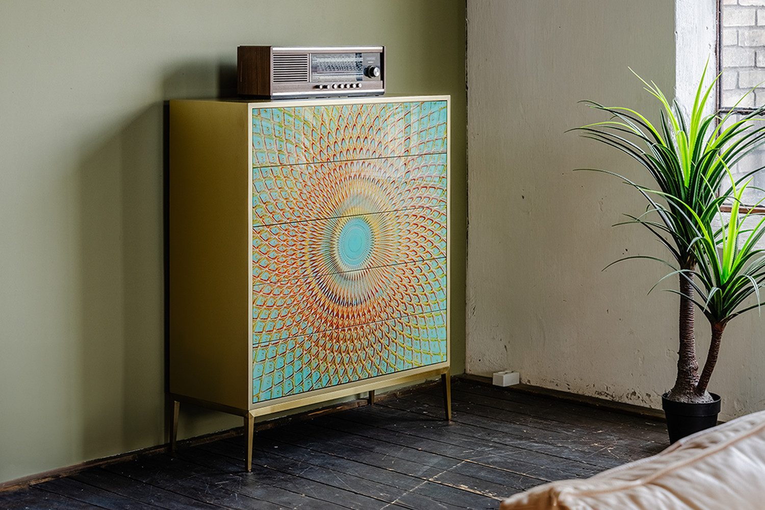 KAWOLA Highboard, 5 Schubladen Glas grün/gold 100/120/40 cm (B/H/T)