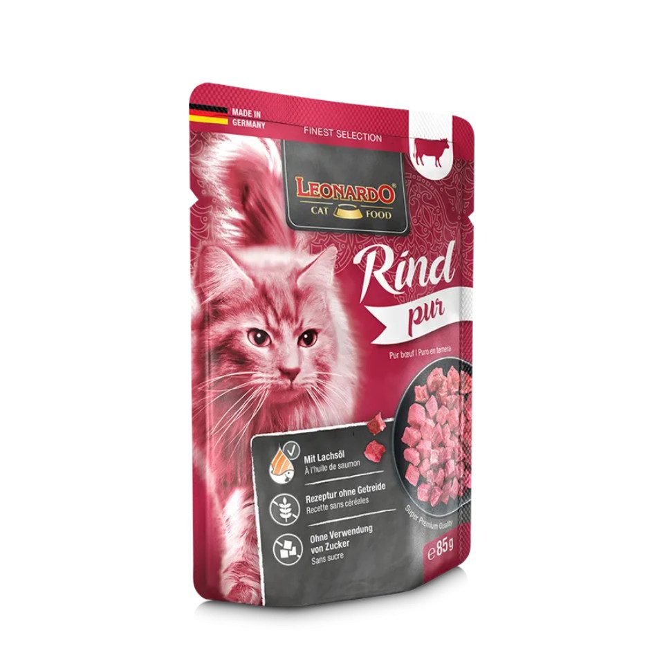 Leonardo Catfood Rind Pur - getreidefreies Nassfutter mit Lachsöl 16x85g, Nassfutter für: Katzen