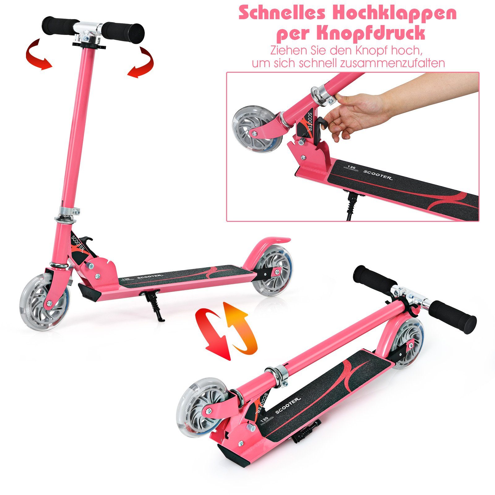 rosa Cityroller, Scooter Räder klappbar, 2 COSTWAY mit höhenverstellbar, LED