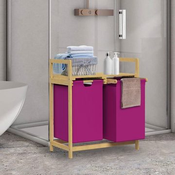 ML-DESIGN Wäschekorb Wäschebox mit 2 Fächern aus Bambus und Stoff für Badezimmer, Wäschesäcken 60L mit Stabiles Holzgestell Rosa 73x63x33cm Wäschetruhe