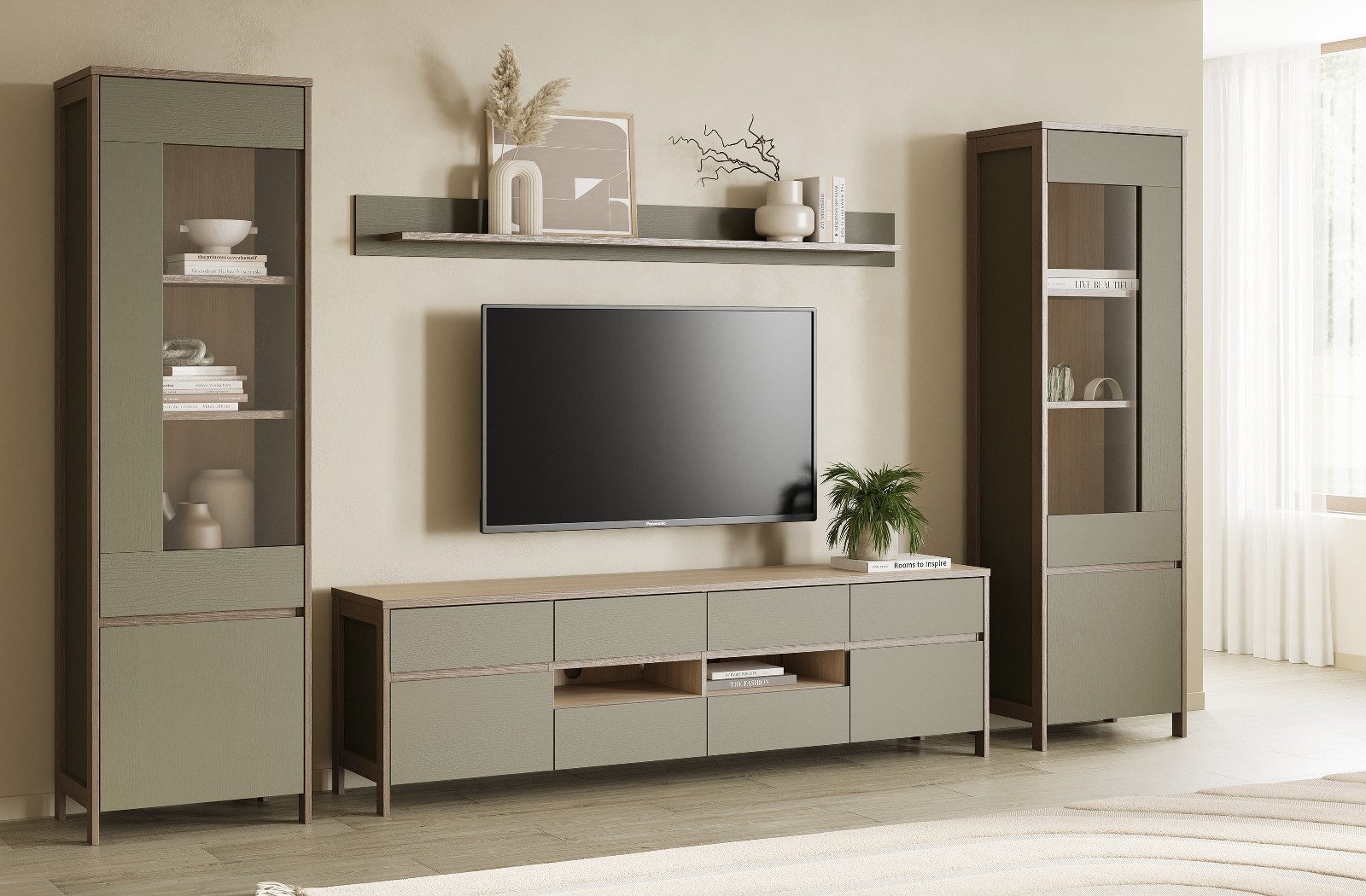 Furn.Design Wohnwand Finnes, (Schrankwand in Salbei mit Skandi Eiche, 4-teilig, 340 x 195 cm), Türen und Schubladen mit Soft-Close