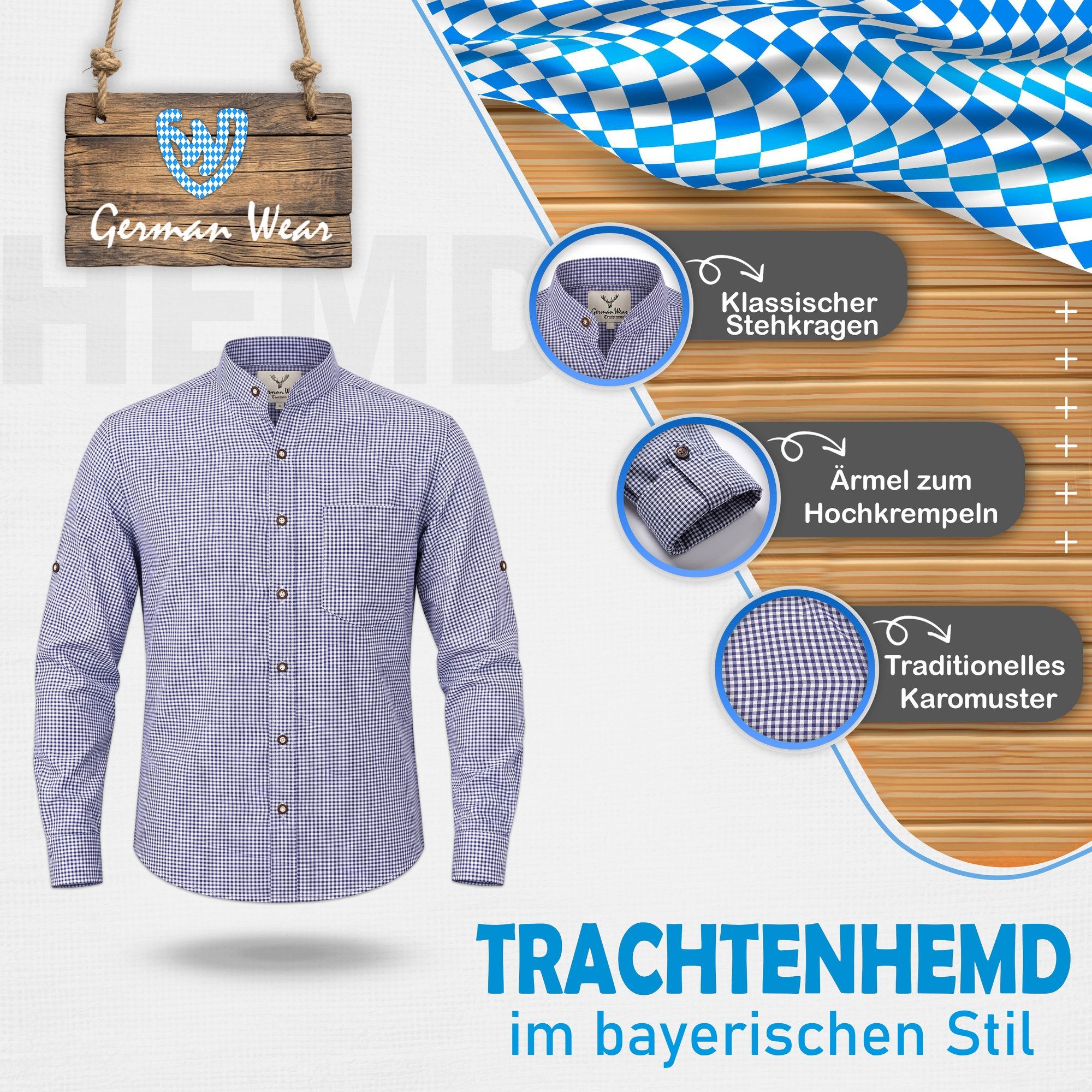 German Wear Trachtenhemd GW120x-SK Trachtenhemd mit Stehkragen für Trachtenlederhosen kariert – Bild 4 von 5