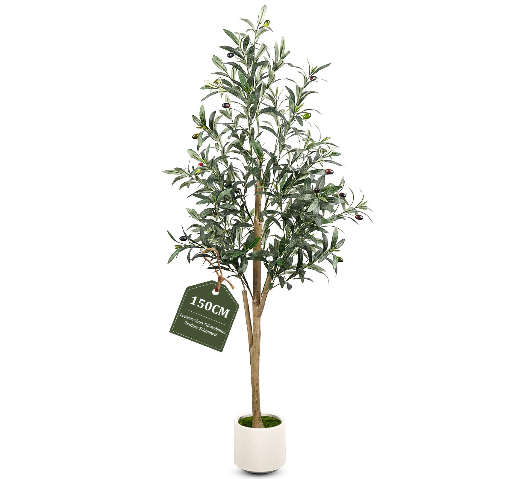 Kunstbaum Olivenbaum Künstlich 150/180 cm,Pflanze mit Olivenfrüchten,pflegefreie, adorbox, Höhe 150 cm, Pflanze im Topf mit Moos‑Dekor,Innen‑Kunstpflanze für Wohnzimmer &Büro