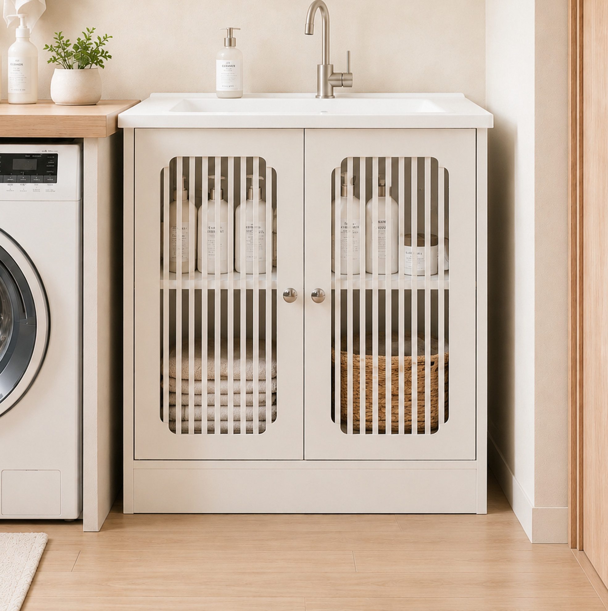 OKWISH Badkommode Waschtischunterschrank Weiß ohne Waschbecken mit Lamellenfront (Packung, 1 St., Stehender Badschrank für Badezimmer Zubehör und Pflegeprodukte), Badezimmerschrank mit Doppeltür und praktischem Stauraum