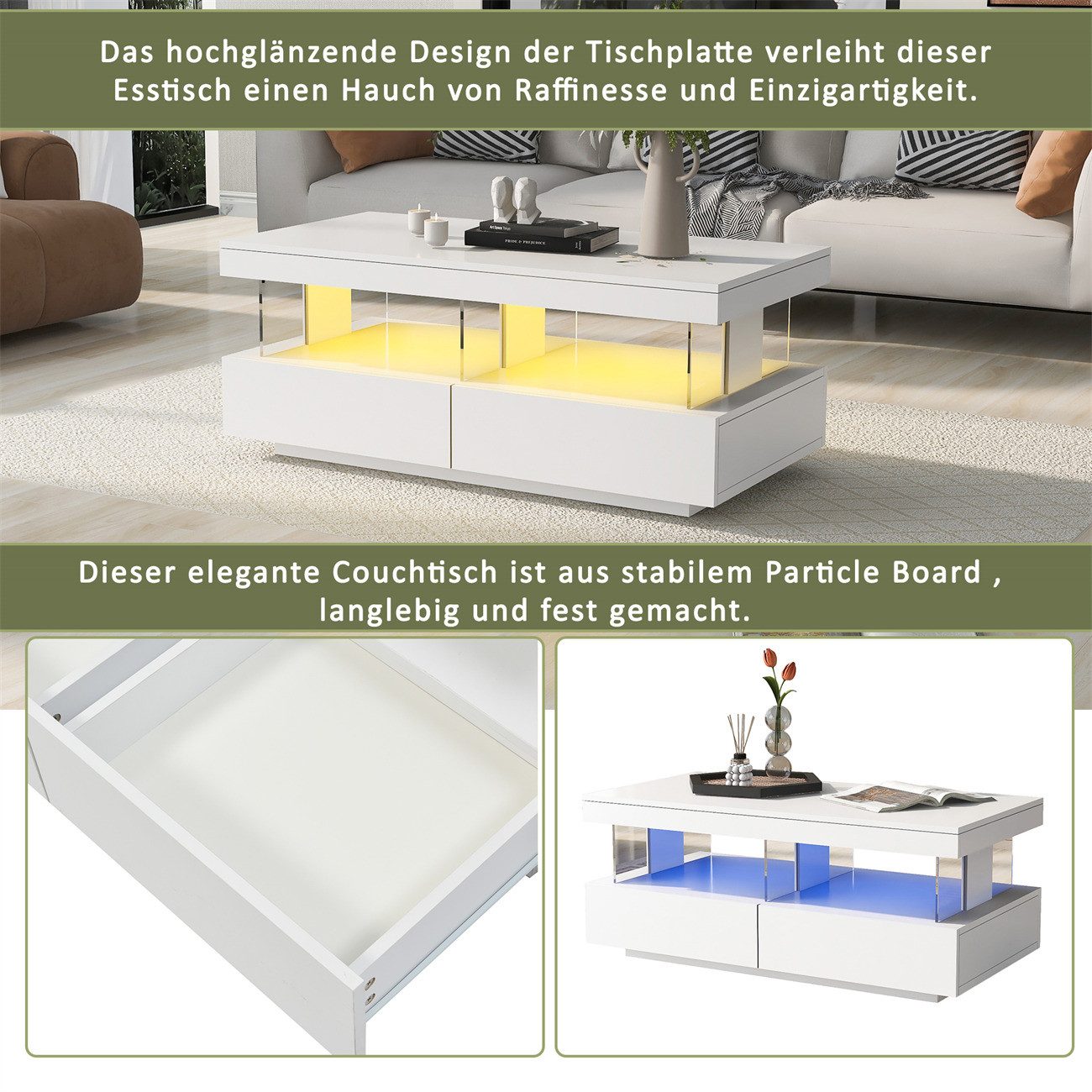 autolock Couchtisch moderner Hochglanz-Sofatisch,Teetisch Kaffeetisch Beistelltisch, Wohnzimmertisch,Langlebige, kratzfeste und glatte Tischplatte