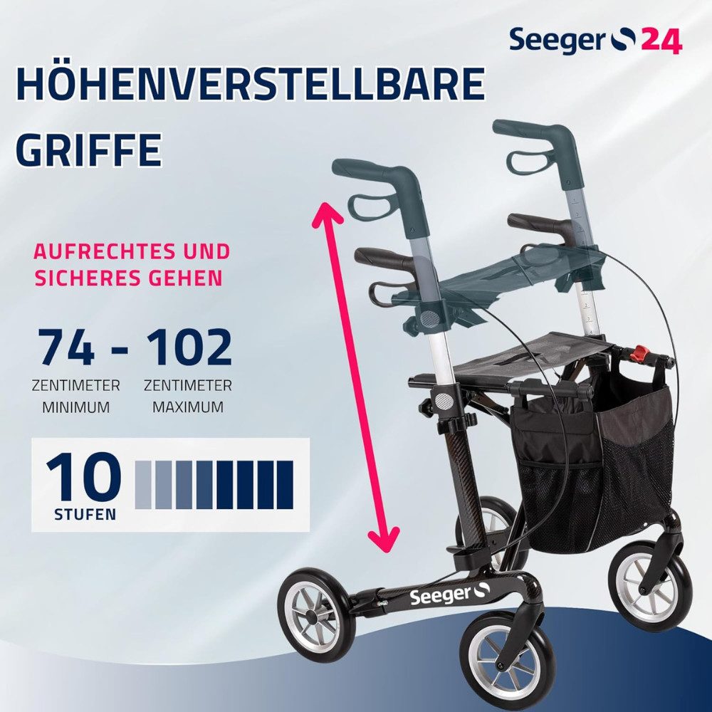 Rehasense Rollator Carbon Athlon SL, inkl. Stockhalter & Rückengurt, leicht & faltbar für Innen & Außen