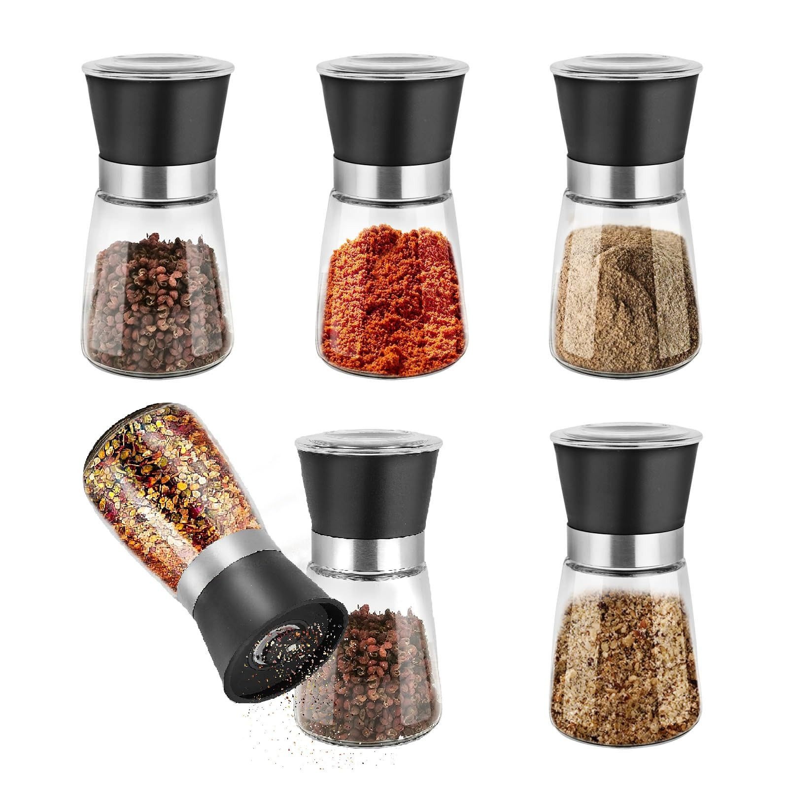 Youyijia Pfeffermühle 6-Piece Manual Stainless Steel Salt and Pepper Mill Set (Plastic-200L), (6 Stück)