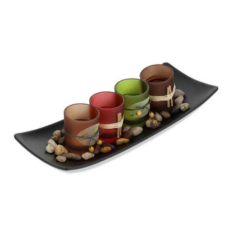 relaxdays Teelichthalter mit Tablett Teelichthalter Set mit Tablett (Set, 4 Kerzengläser)