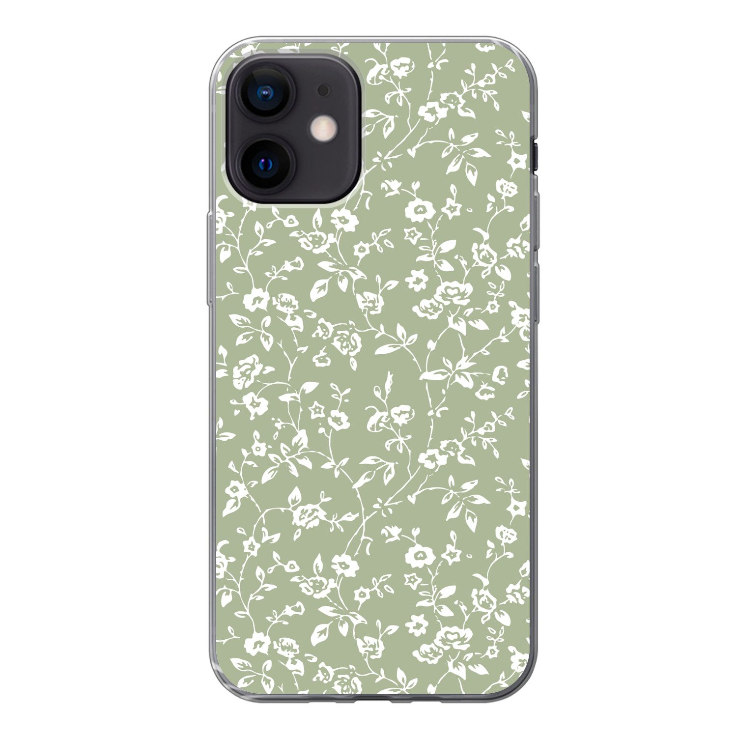 MuchoWow Handyhülle für Apple iPhone 12 Blumen - Druck - Grün - Weiß, Smartphone-Bumper, Print, Handy Schutzhülle Dünn