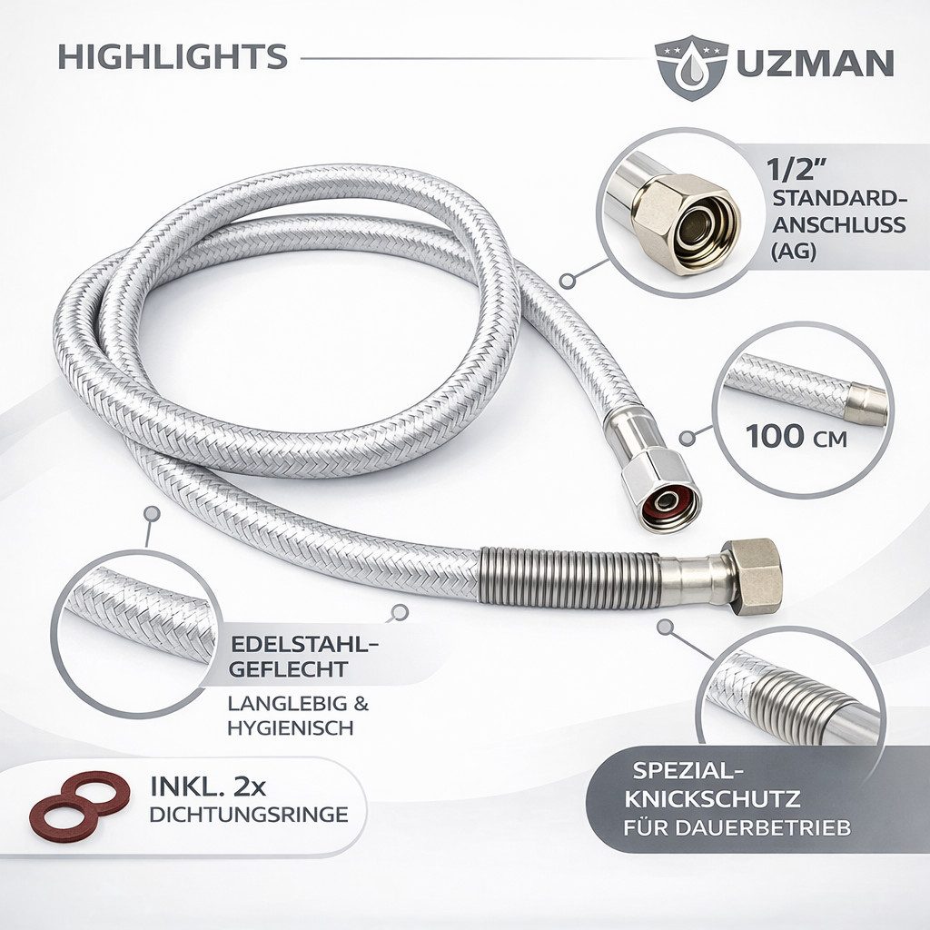 Uzman Brauseschlauch Brauseschlauch Flexschlauch 100cm Geschirrbrause Gastrobrause 1/2", Universal für alle handelsüblichen Armaturen