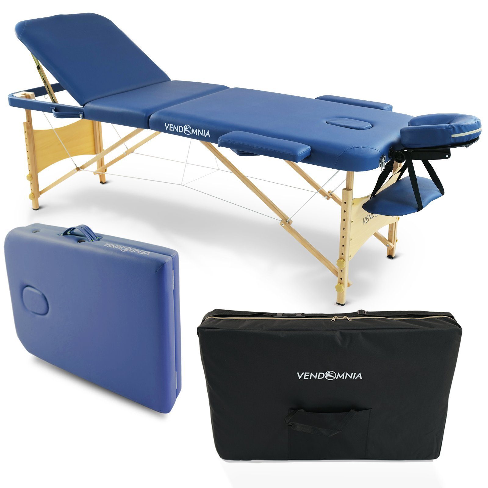 VENDOMNIA Massageliege Mobile Massageliege - Holzfüße mit 3 Zonen (Klappbar Massagetisch Massagebett Massagebank Behandlungsliege, Farbwahl), inkl. hochwertiger Kopfstütze Tasche Armlehnen