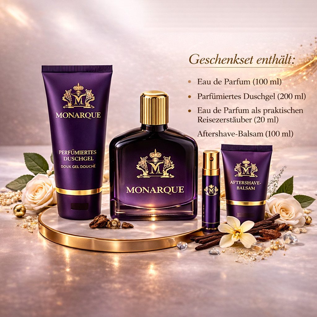 Fine Perfumery London Pflege-Geschenkset Monarque Pour Homme 4-tlg. Herren Duftset: EdP, Duschgel, Aftershave