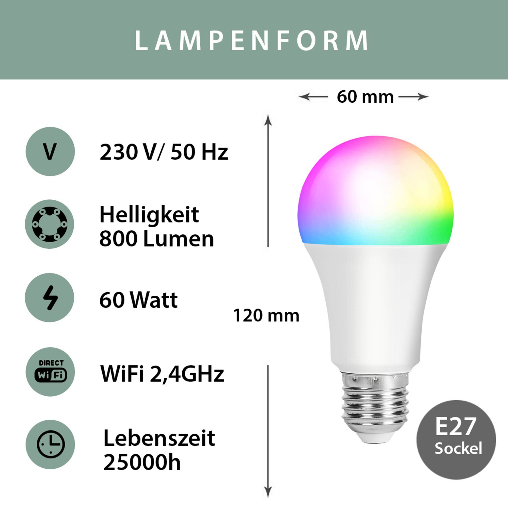XCOAST LED-Leuchtmittel SMARTE E27 60W Lampe, 800 Lumen, E27, 1 St., Warmweiß, Kaltweiß, Bunt, 2700-6500K, SMART HOME LED Lampe, Glühbirne, WLAN, Sprach-/Appsteuerung, dimmbar