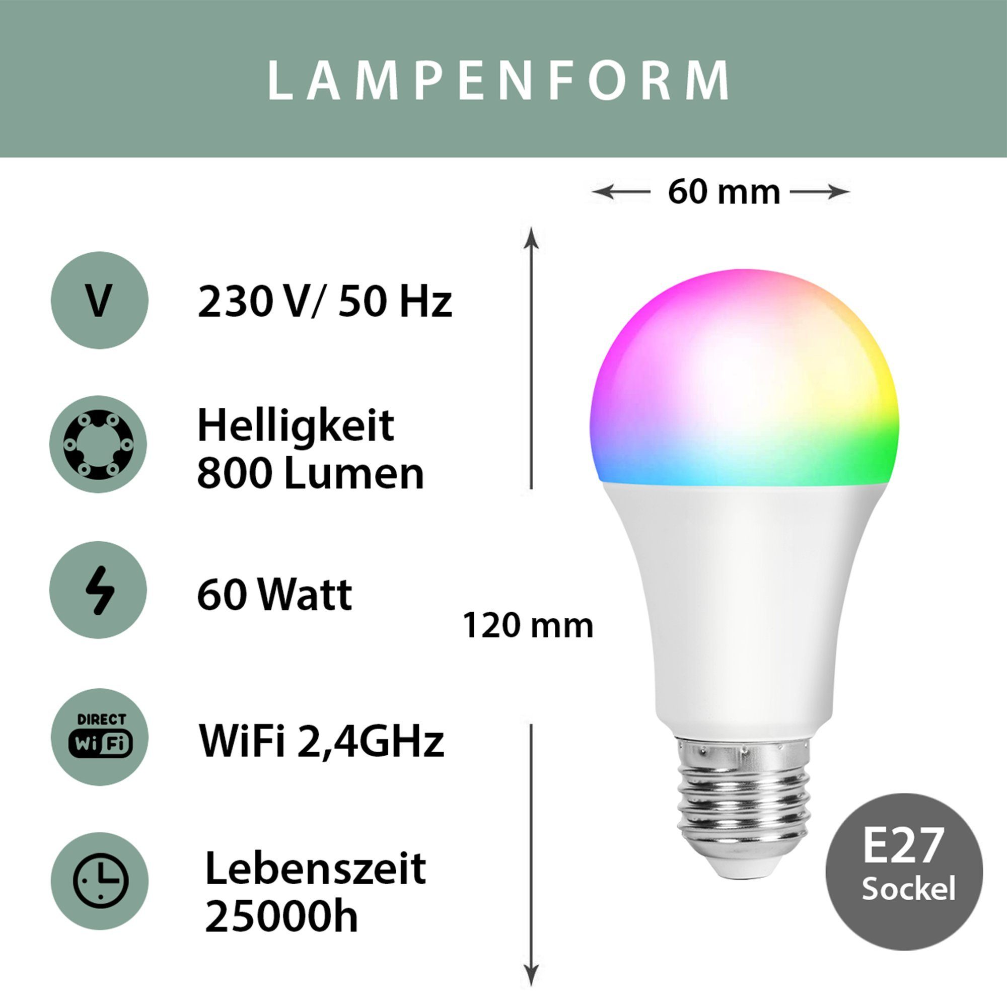XCOAST SMARTE E27 60W Lampe, 800 Lumen LED-Leuchtmittel, E27, 1 St.,  Warmweiß, Kaltweiß, Bunt, 2700-6500K, SMART HOME LED Lampe, Glühbirne,  WLAN, Sprach-/Appsteuerung, dimmbar