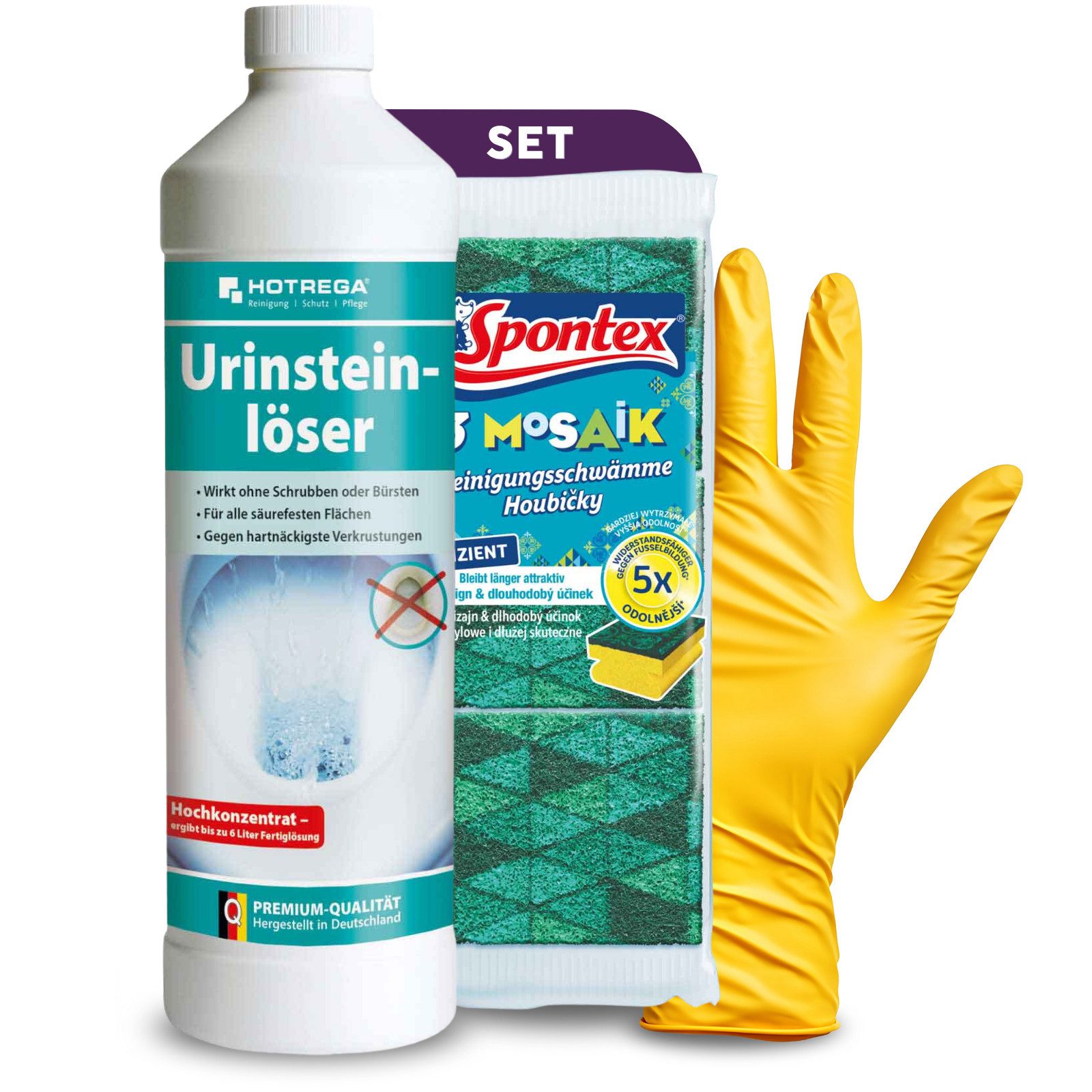 HOTREGA® Urinsteinlöser Konzentrat 1L inkl. Handschuhe und Scheuerschwamm Urinsteinlöser (Extra starker Urinsteinentferner & WC-Entkalker, wirkt selbsttätig)