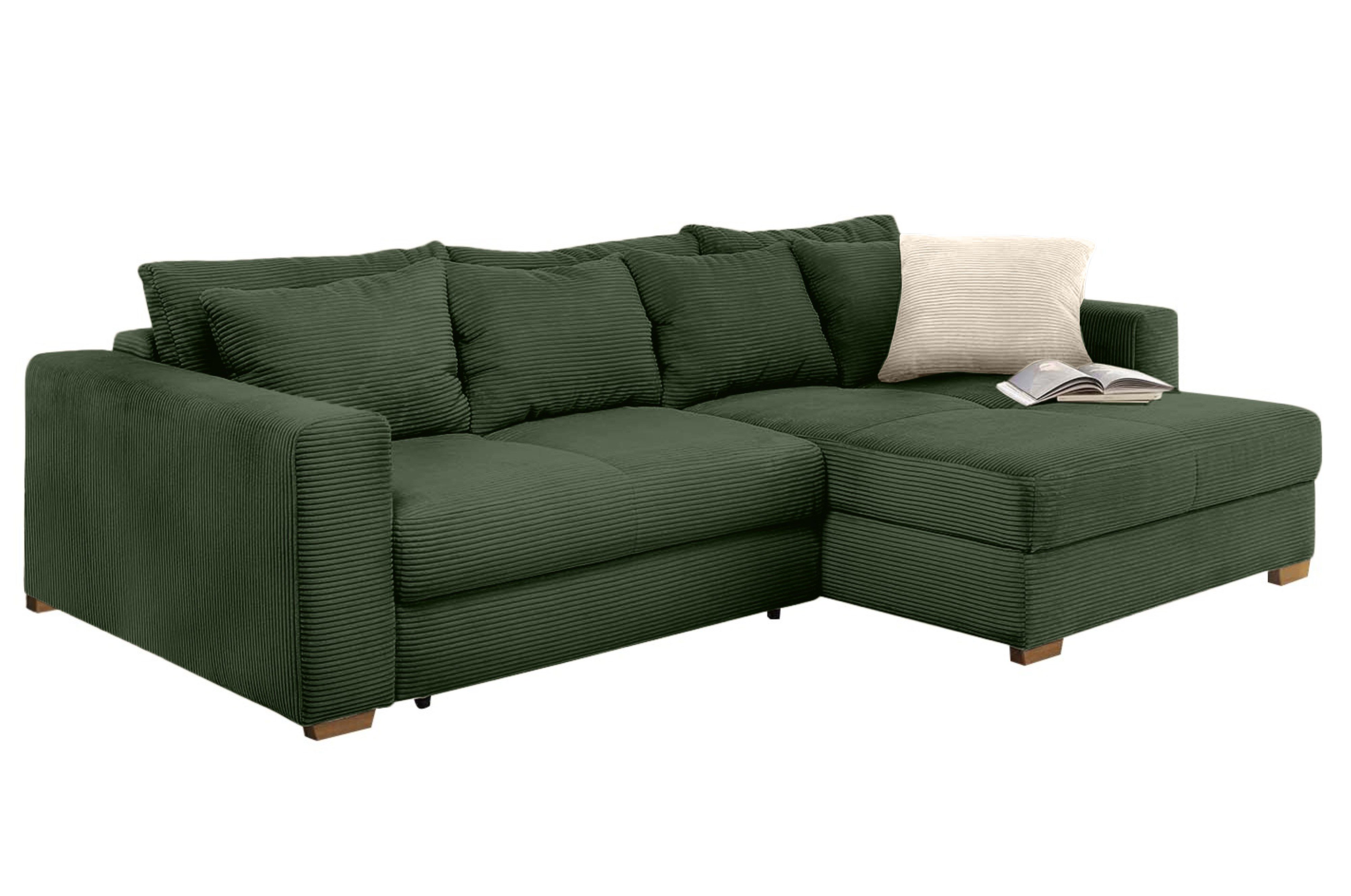 luma-home Ecksofa 15156, Dauerschläfer mit Bettkasten B288/T186/H86 cm, Liegefläche 153x245 cm, Federkern, Ottomane links oder rechts, Cord Grün