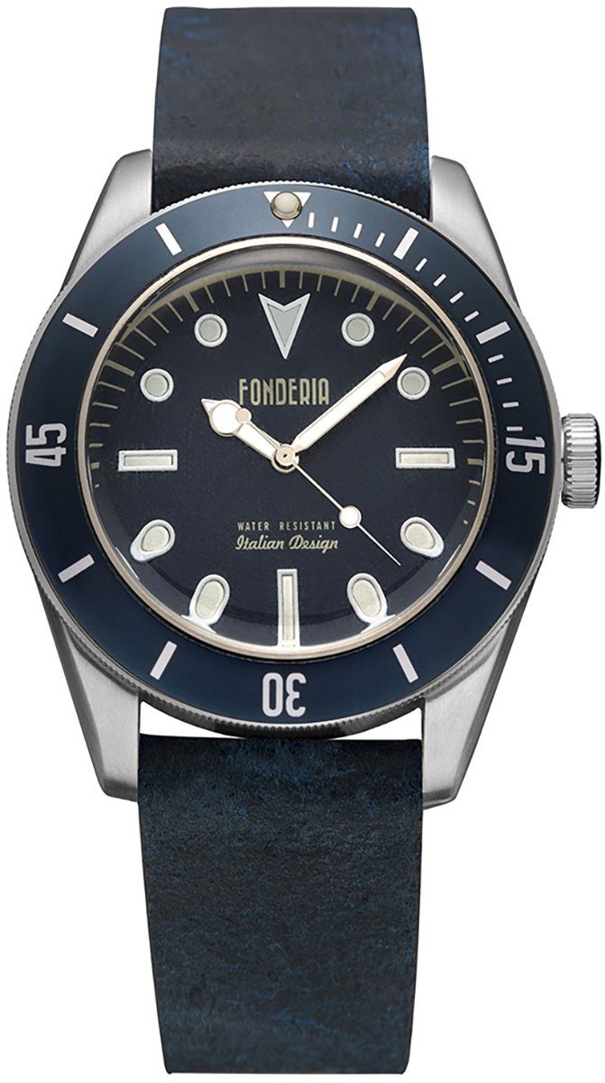 Fonderia Quarzuhr Fonderia Herren Uhr P-6A002UBB Leder, Herren Armbanduhr rund, groß (ca. 43,5mm), Lederarmband schwarz