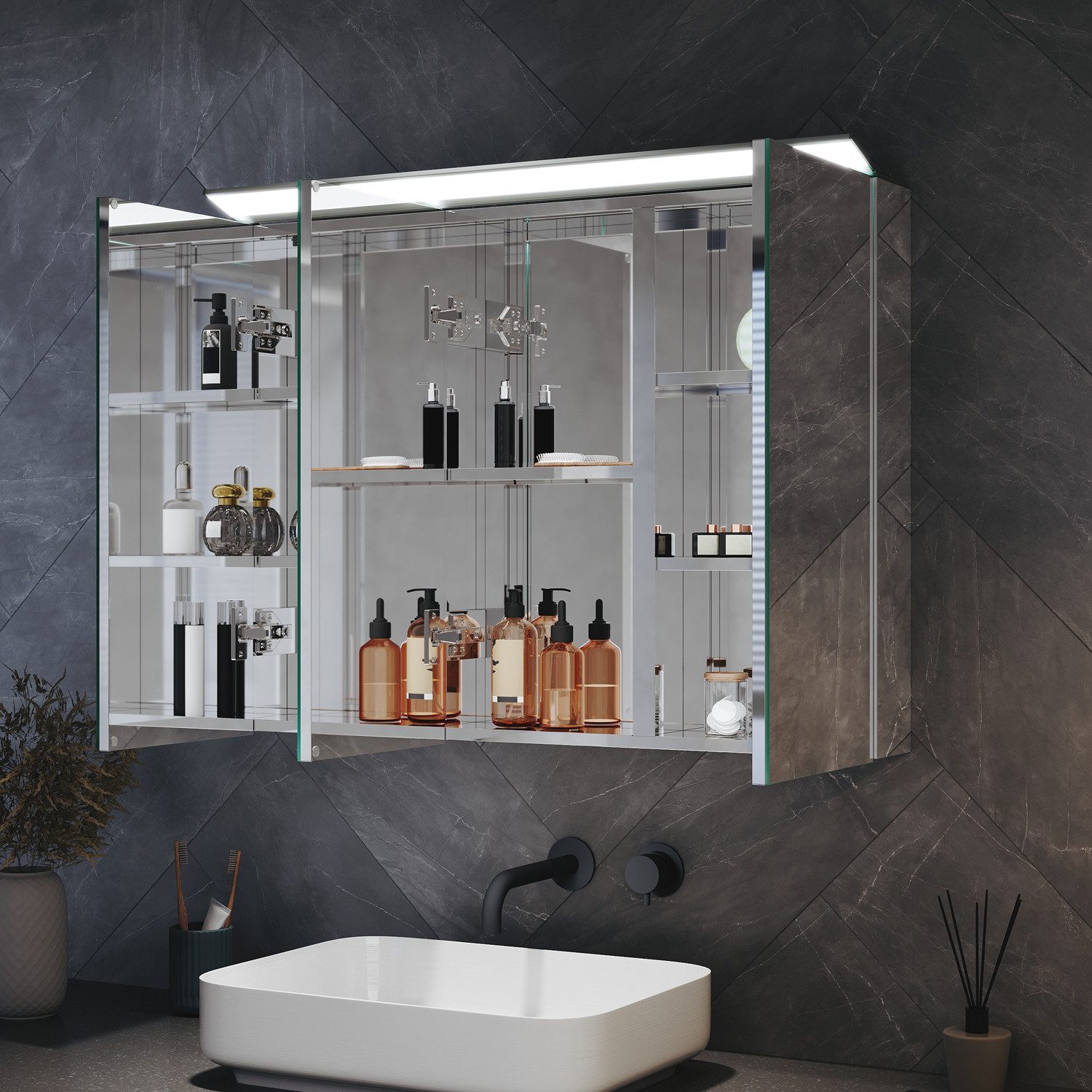 SONNI Spiegelschrank Badezimmerspiegelschrank mit Beleuchtung,Spiegelschrank mit Touch 105 cm x 65 cm, 3 türig, Anti-fog, Kalt/Warm/Neutral