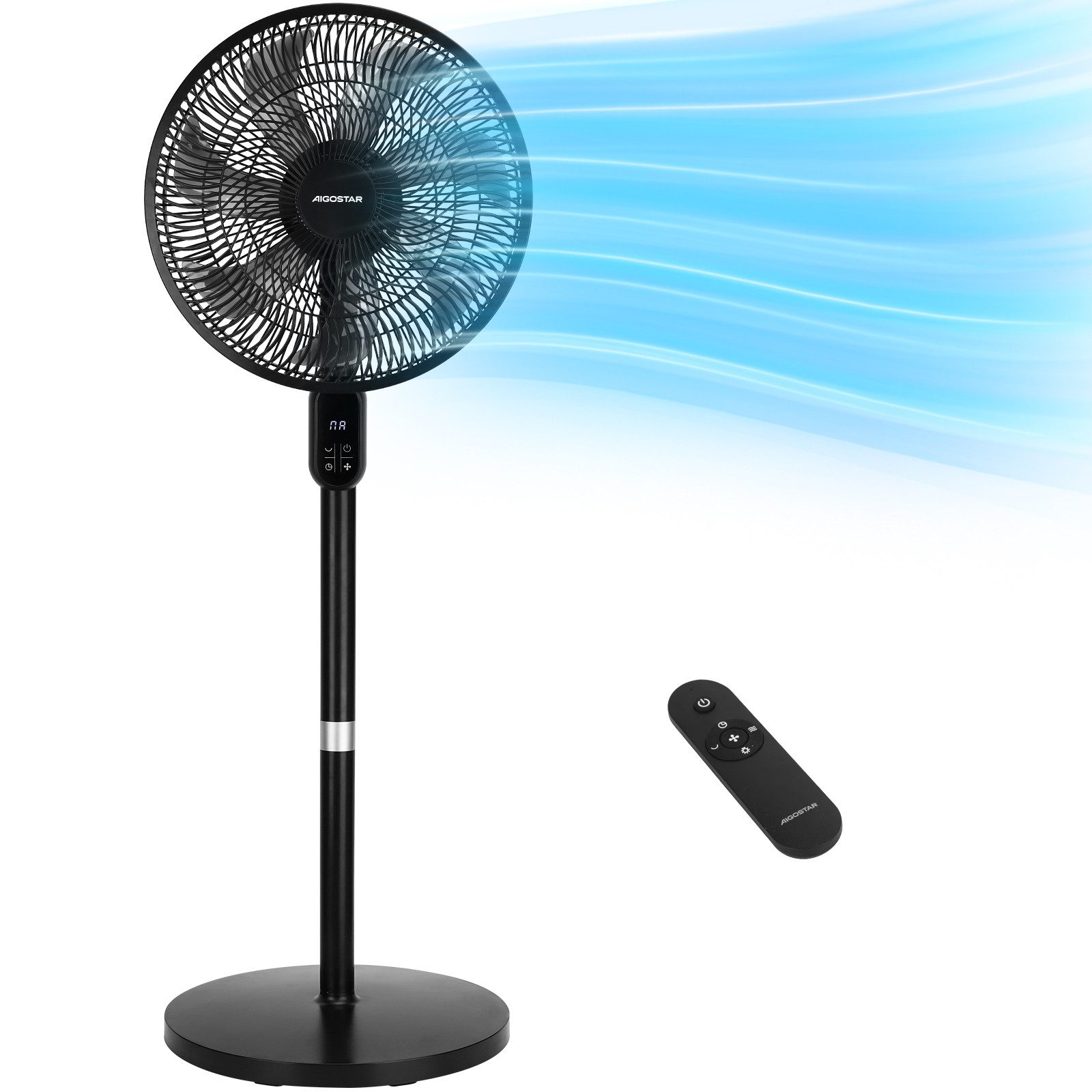 Aigostar Standventilator Standventilator mit Fernbedienung, 50W, 3 Geschwindigkeitsstufen, 12H, 12H Timer; 2-in-1 Design (Höhe 91/125cm); Kraftvoller AC-Motor