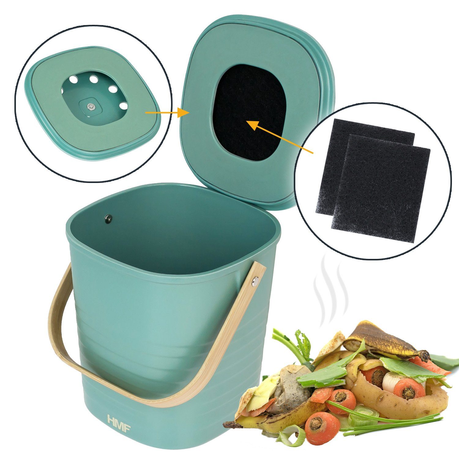 Küche 3L, für Deckel, mit Aktivkohlefilter, HMF Komposteimer kleiner Biomülleimer die Grün Abfalleimer mit
