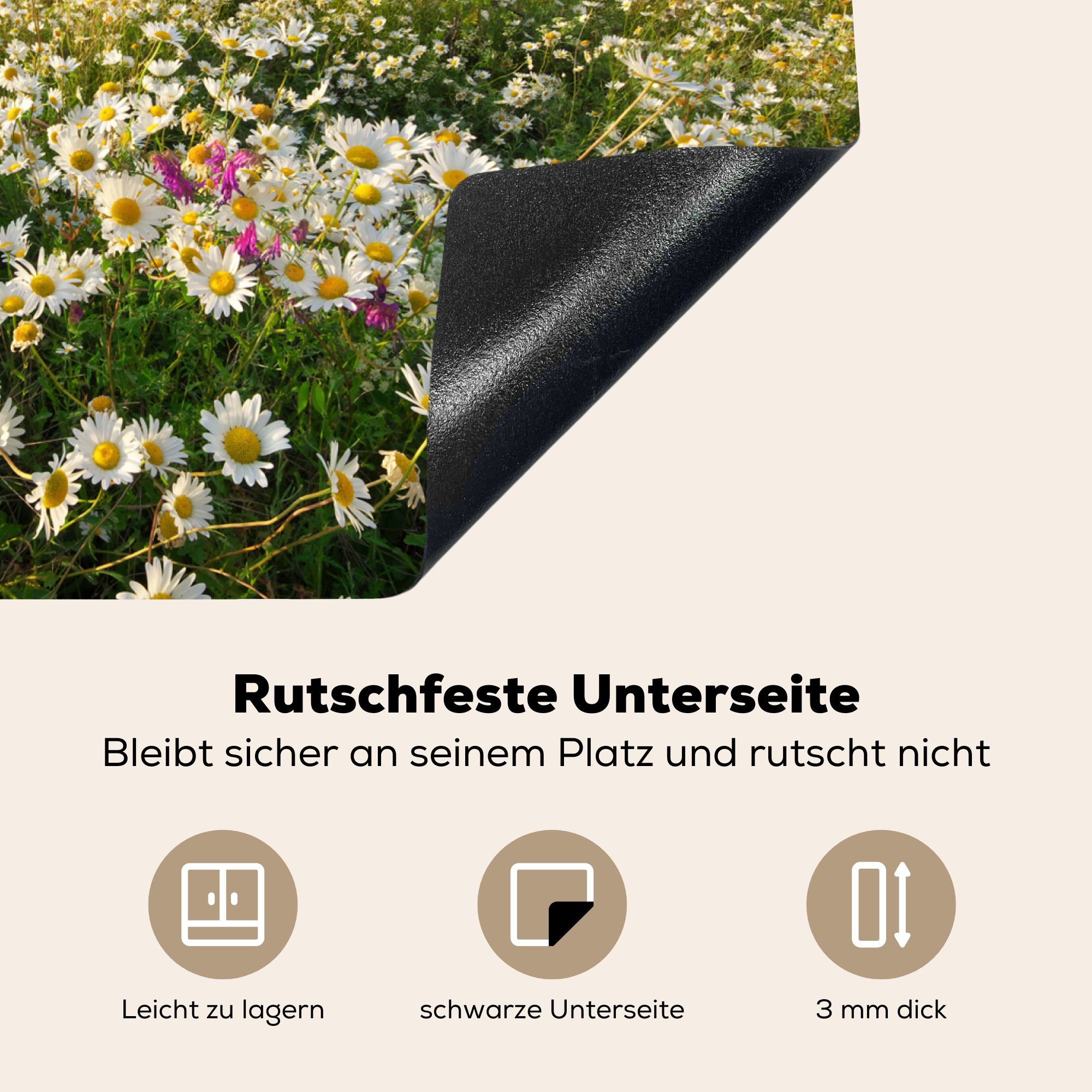 Arbeitsfläche cm, 60x52 Vinyl, tlg), MuchoWow Sonne Frühling, - nutzbar, Mobile Ceranfeldabdeckung Gänseblümchen Herdblende-/Abdeckplatte (1 -