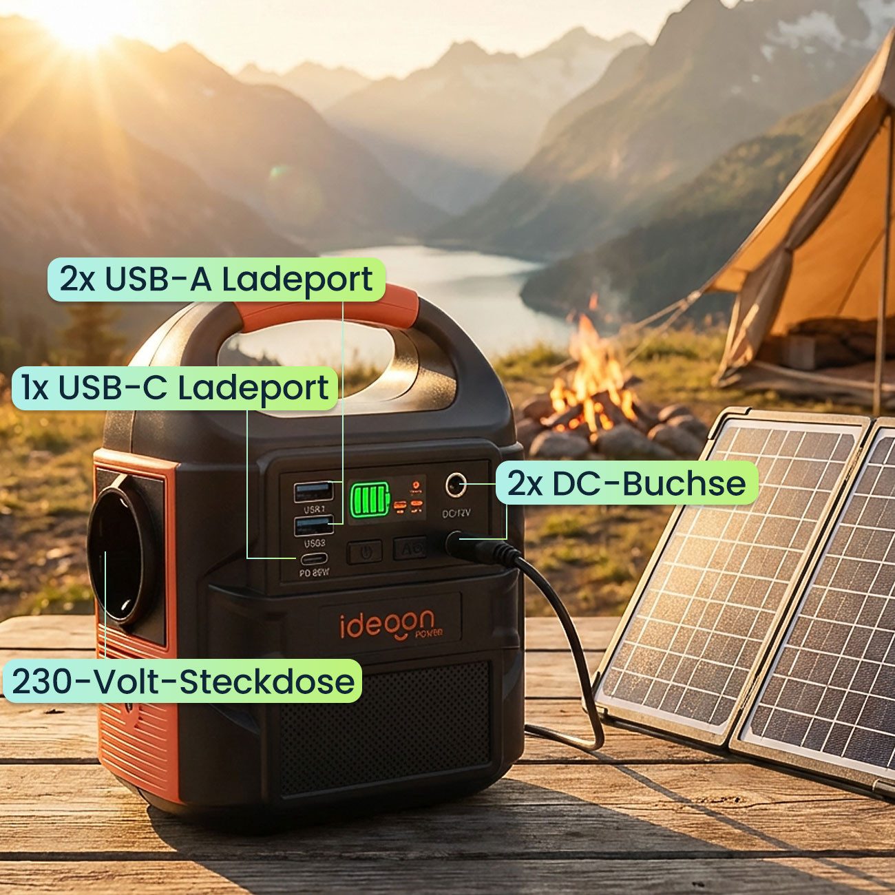 shop'n smile ideoon Mobiles Powerstation Set 88,8Wh mit faltbarem 40W Solarpanel & 230V Powerstation (Solar Input: 15 - 24 V, max. 1,2 A, 28,8 W V), 40W Solarpanel IP65, 230V, PD 65W & LED-Leuchte