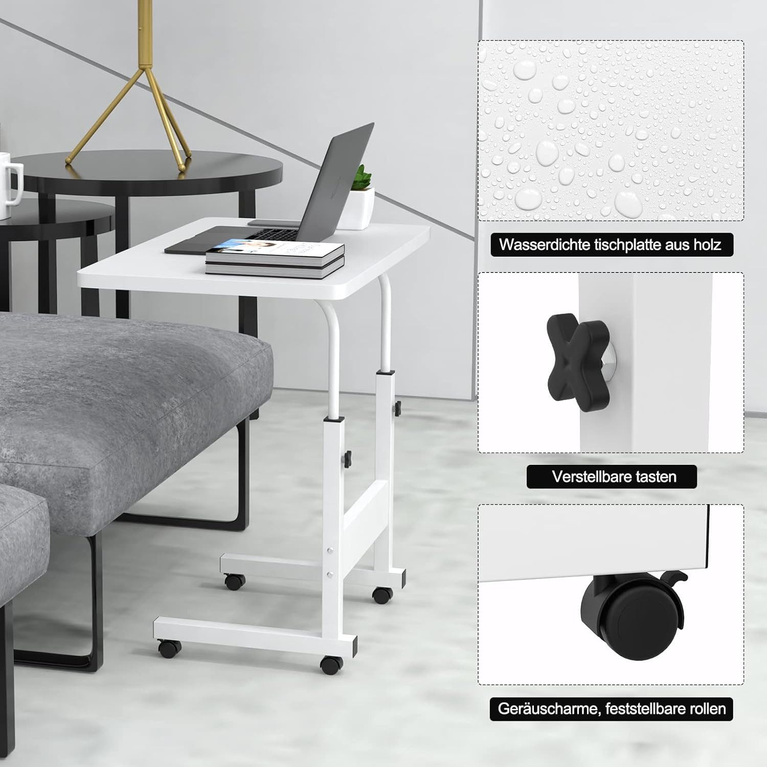 JEOBEST Computertisch Beistelltisch Höhenverstellbar 80x40x(69-89)cm Laptoptisch auf Rollen, Mobiler Beistelltisch Pflegetisch für Bett und Sofa
