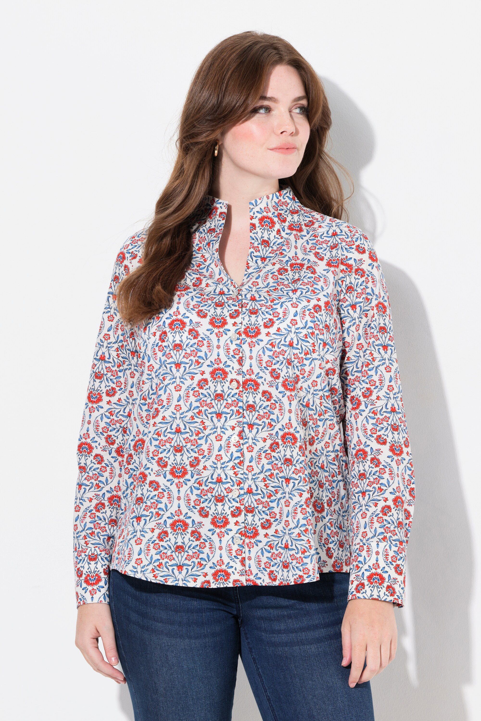 Longbluse Bluse Landhausdruck Kelchkragen Langarm